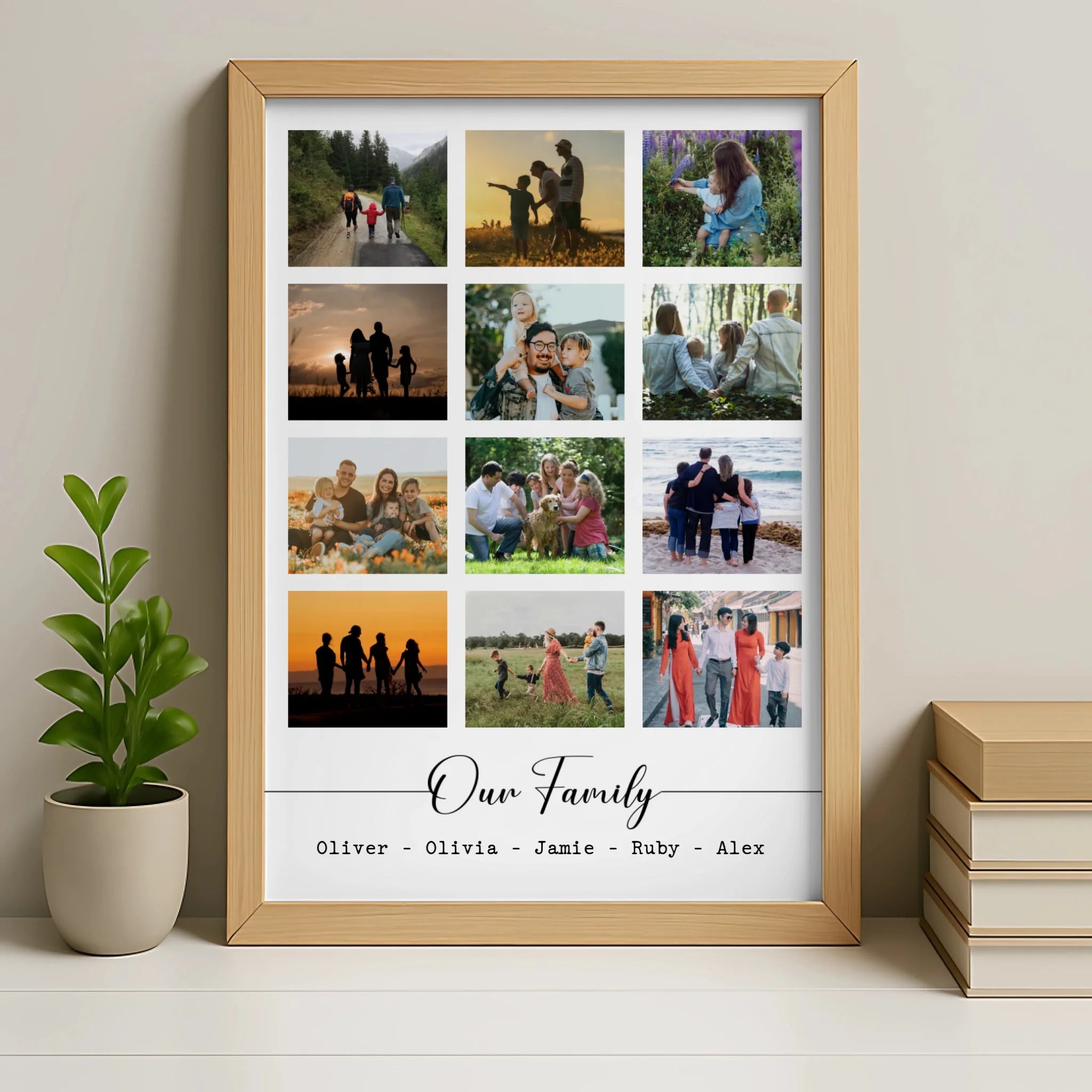 Custom photo collage frame in oak wood finish