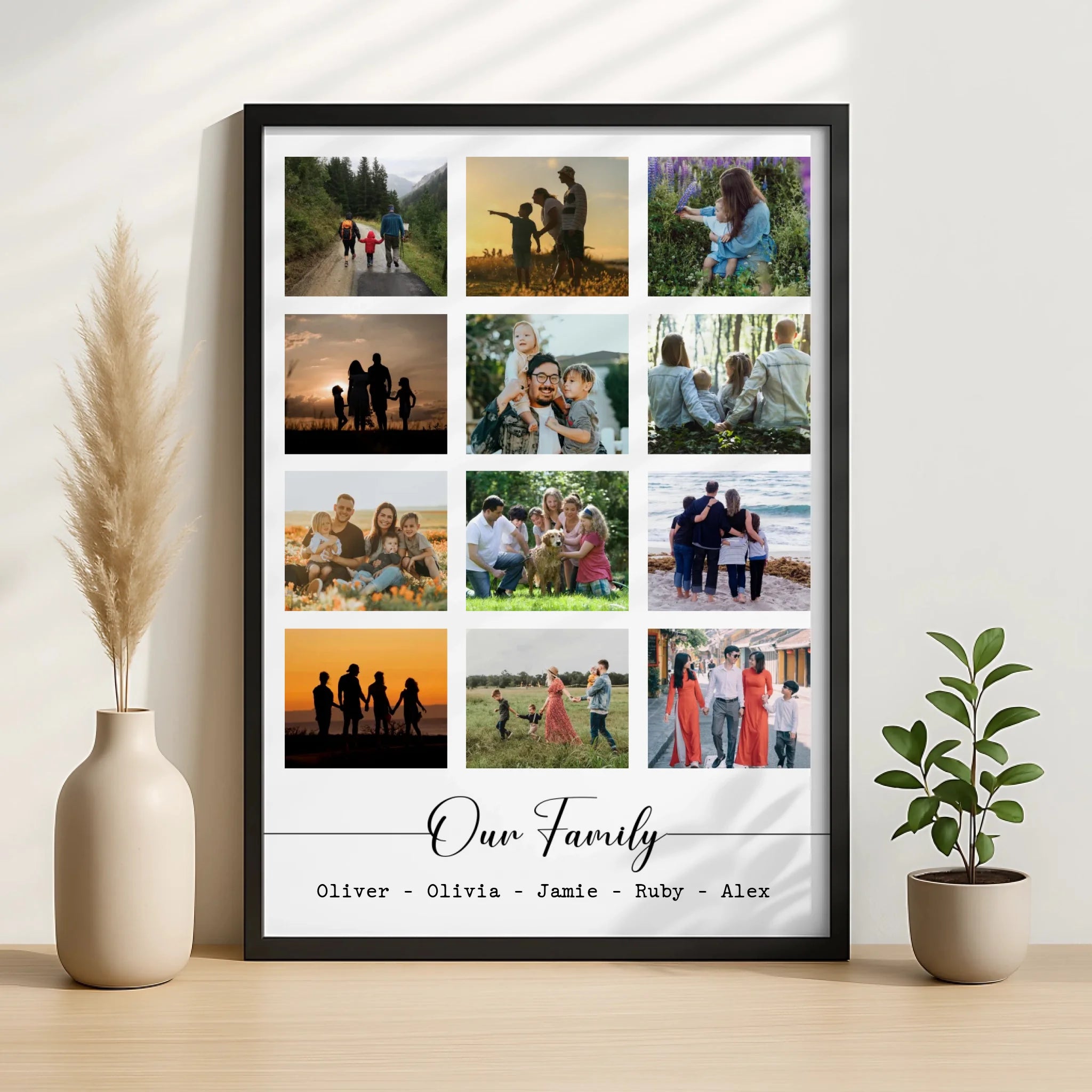 Close-up of a personalised photo frame with five picture slots