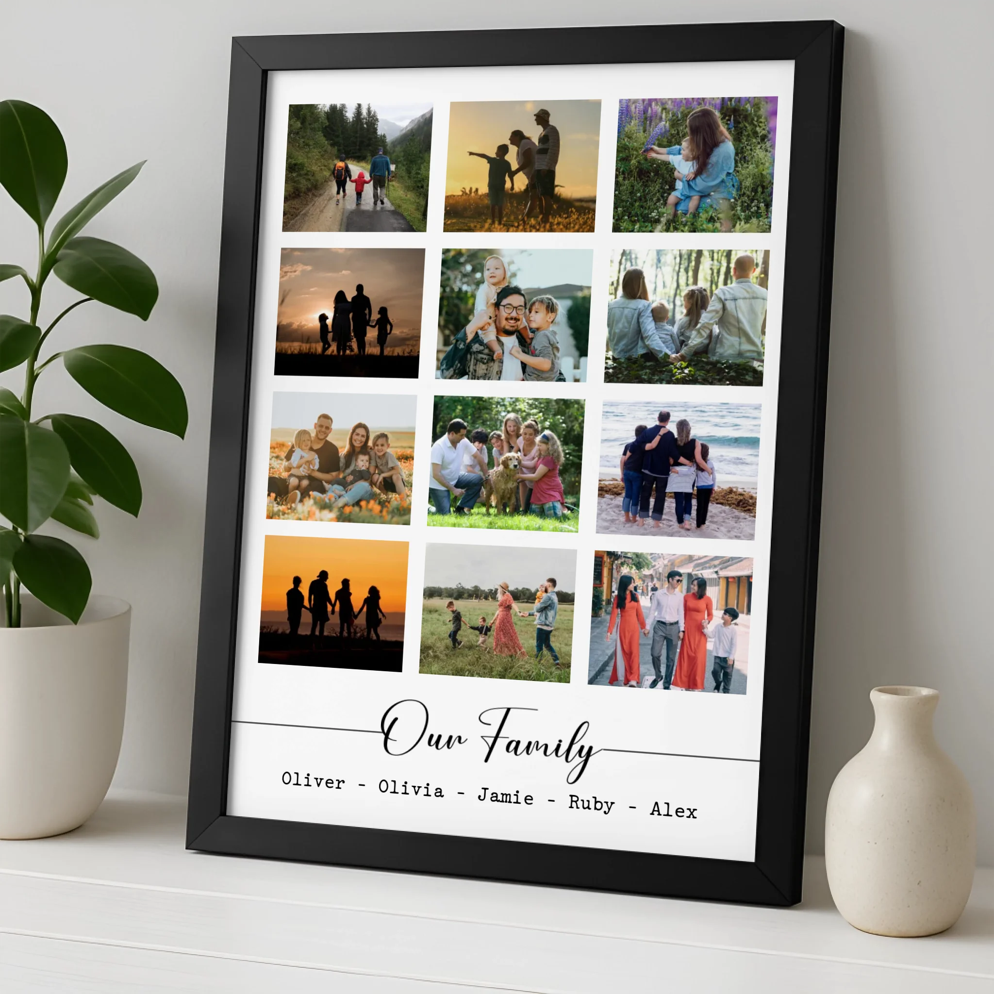 Custom photo collage frame displayed on a wall at home