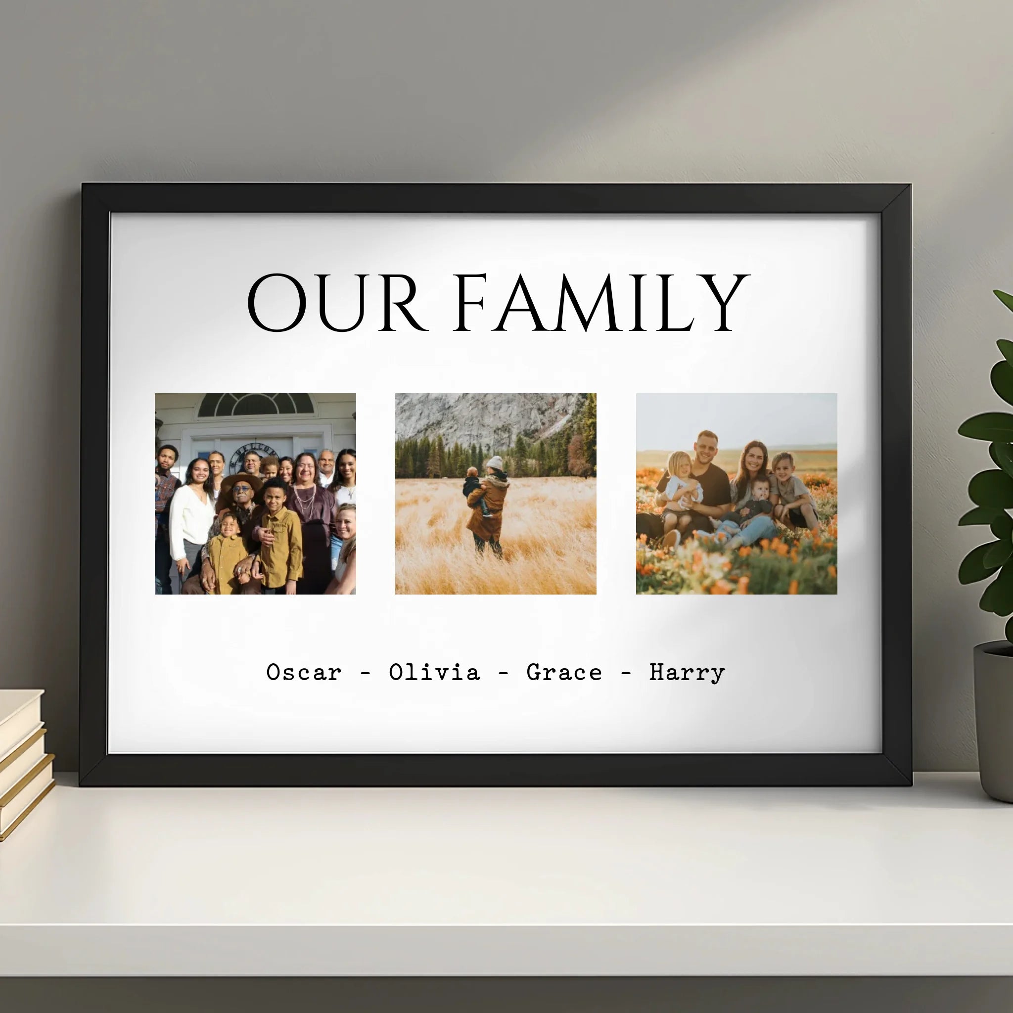 Modern family names print in a personalised photo frame
