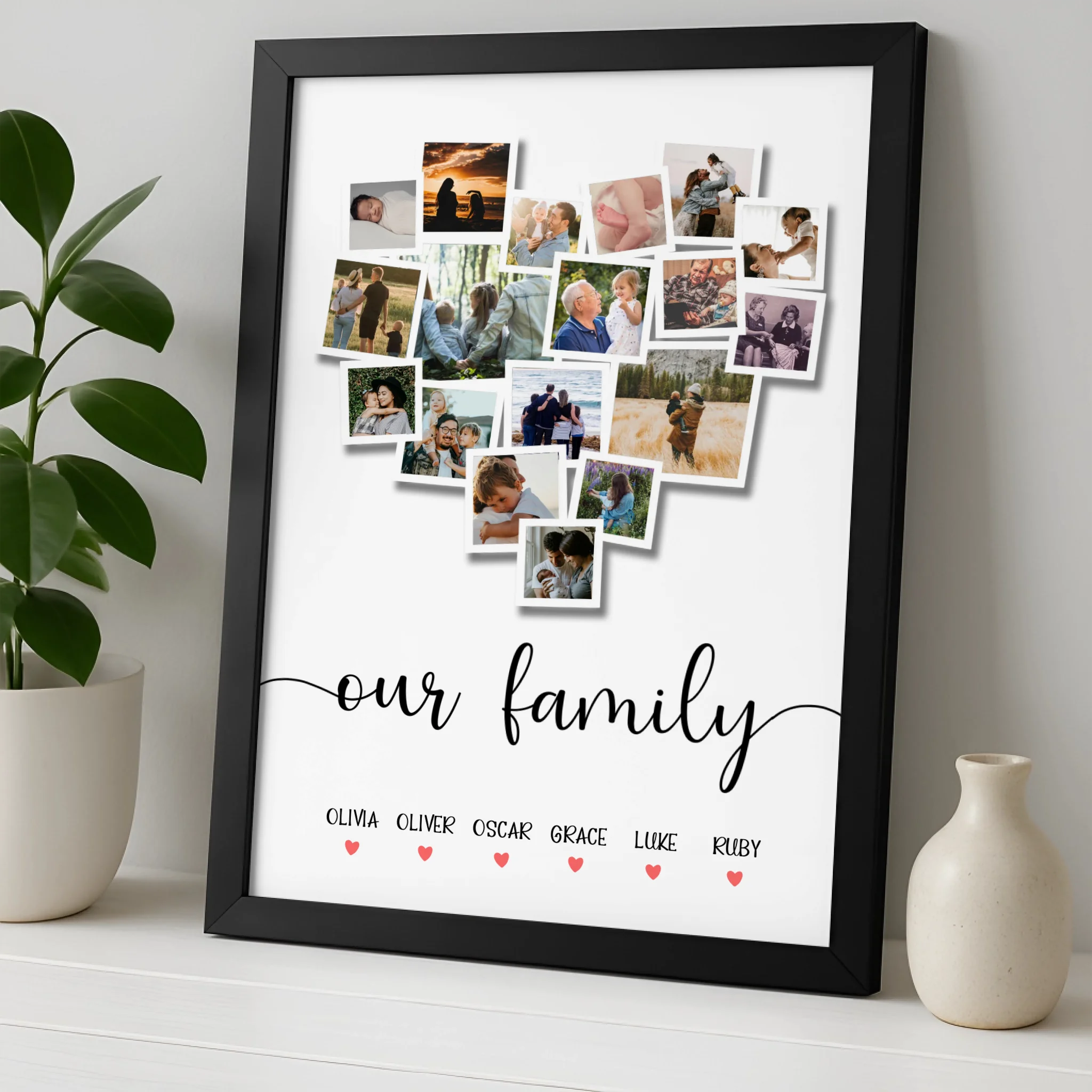 Custom family heart photo collage print showing multiple family photos arranged in a heart shape