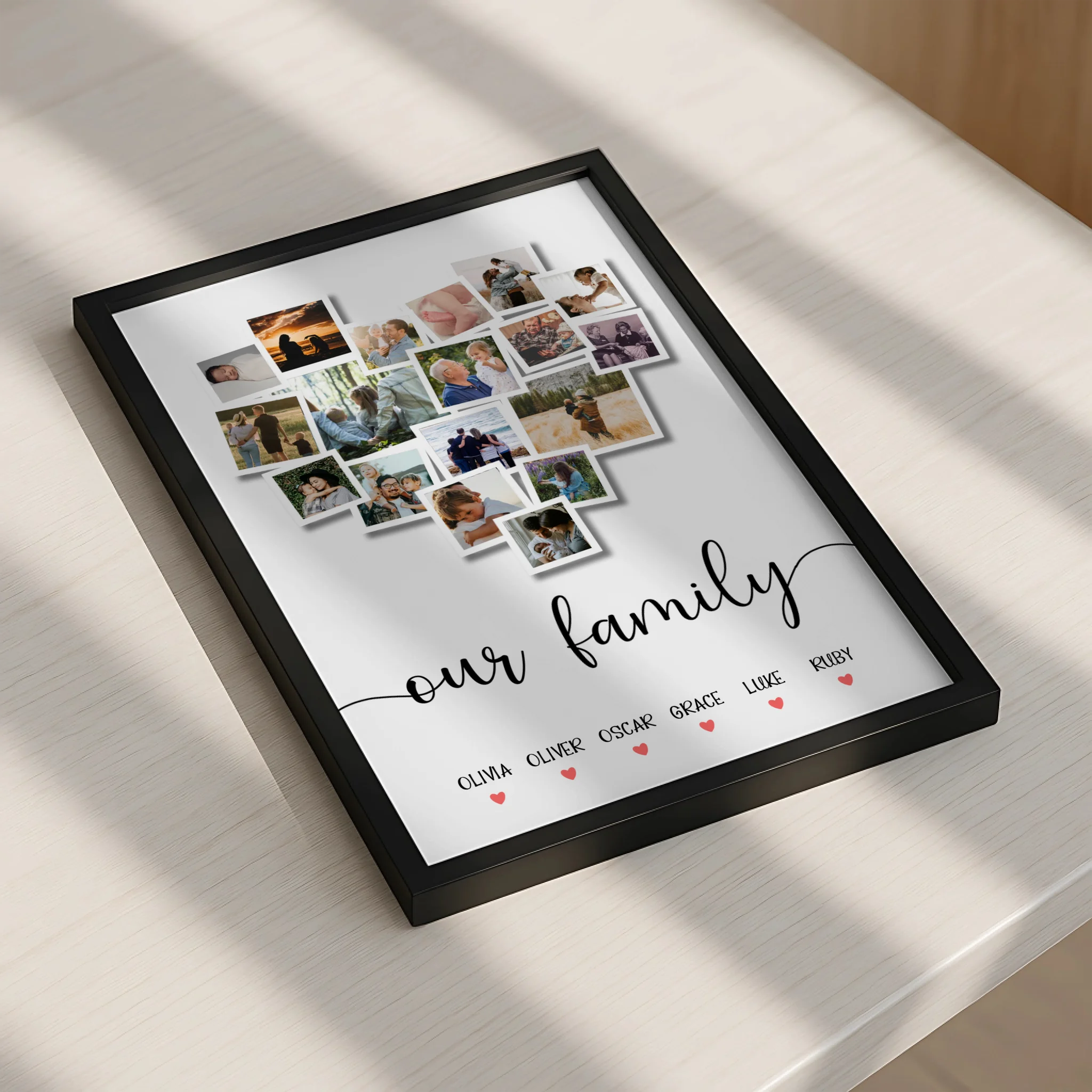 Custom family picture print with six photos arranged in a heart design