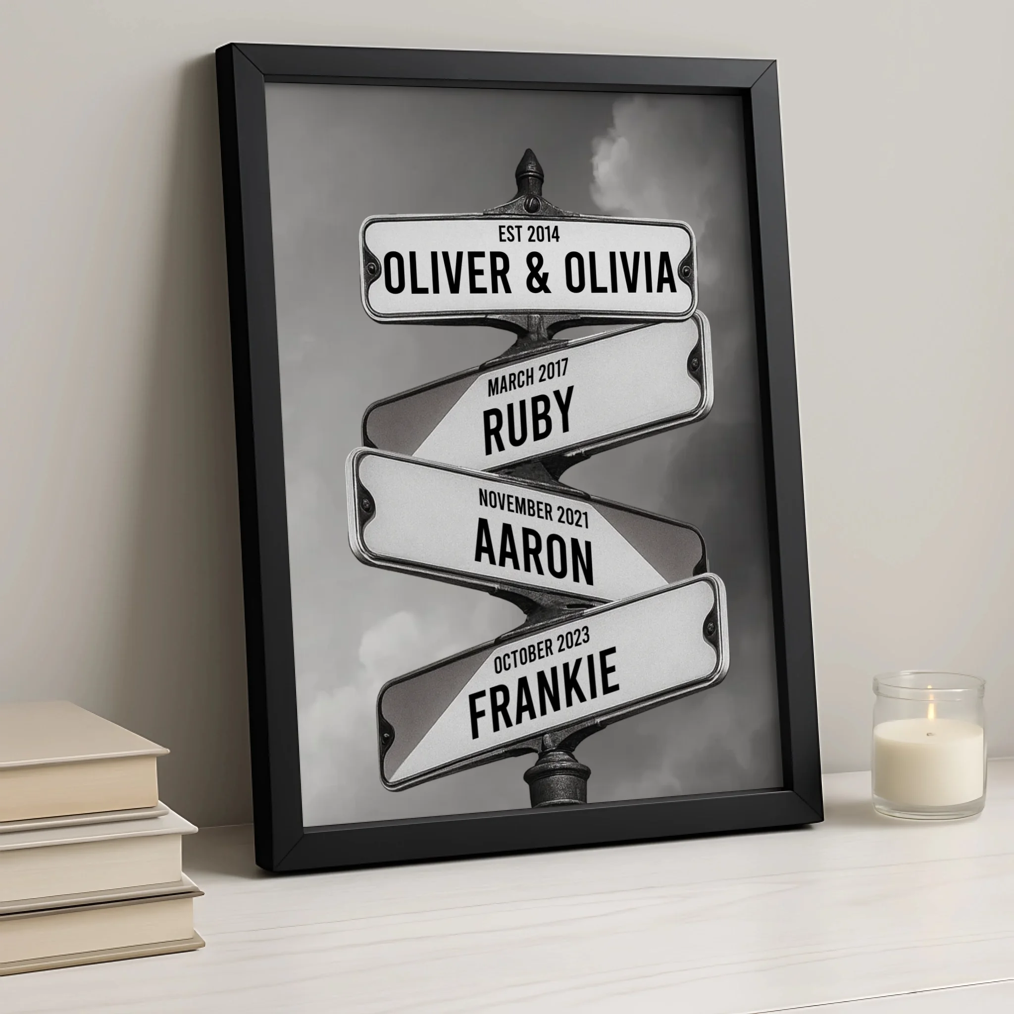 Personalised family street sign photo frame gift with established date and two children listed