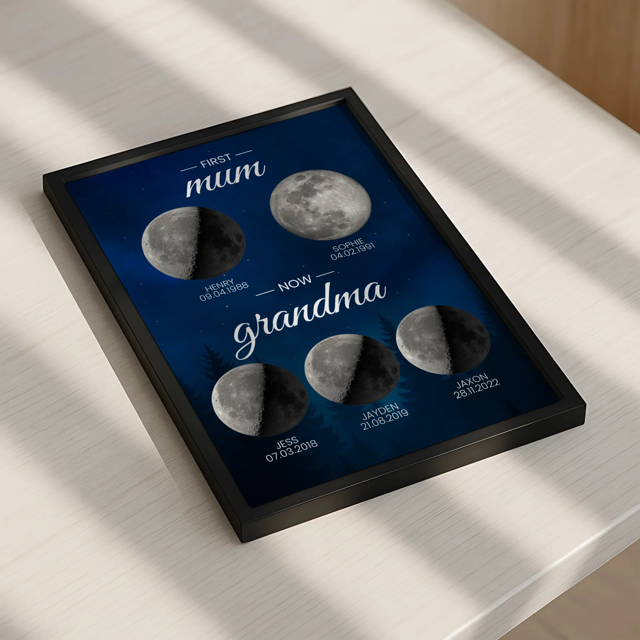 Custom moon phase print with multiple generations of family names
