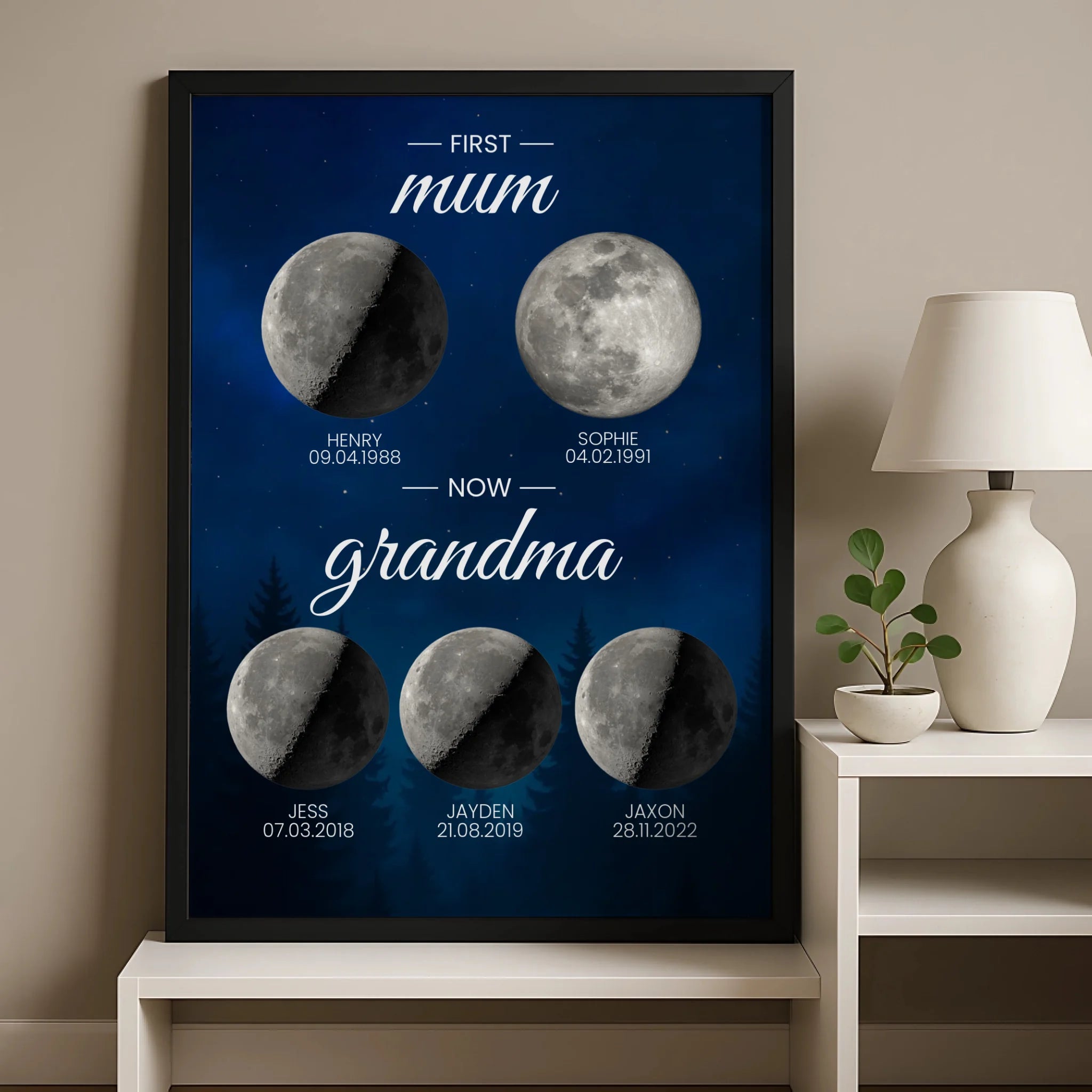 Framed personalised moon phase family print showing grandchildren names