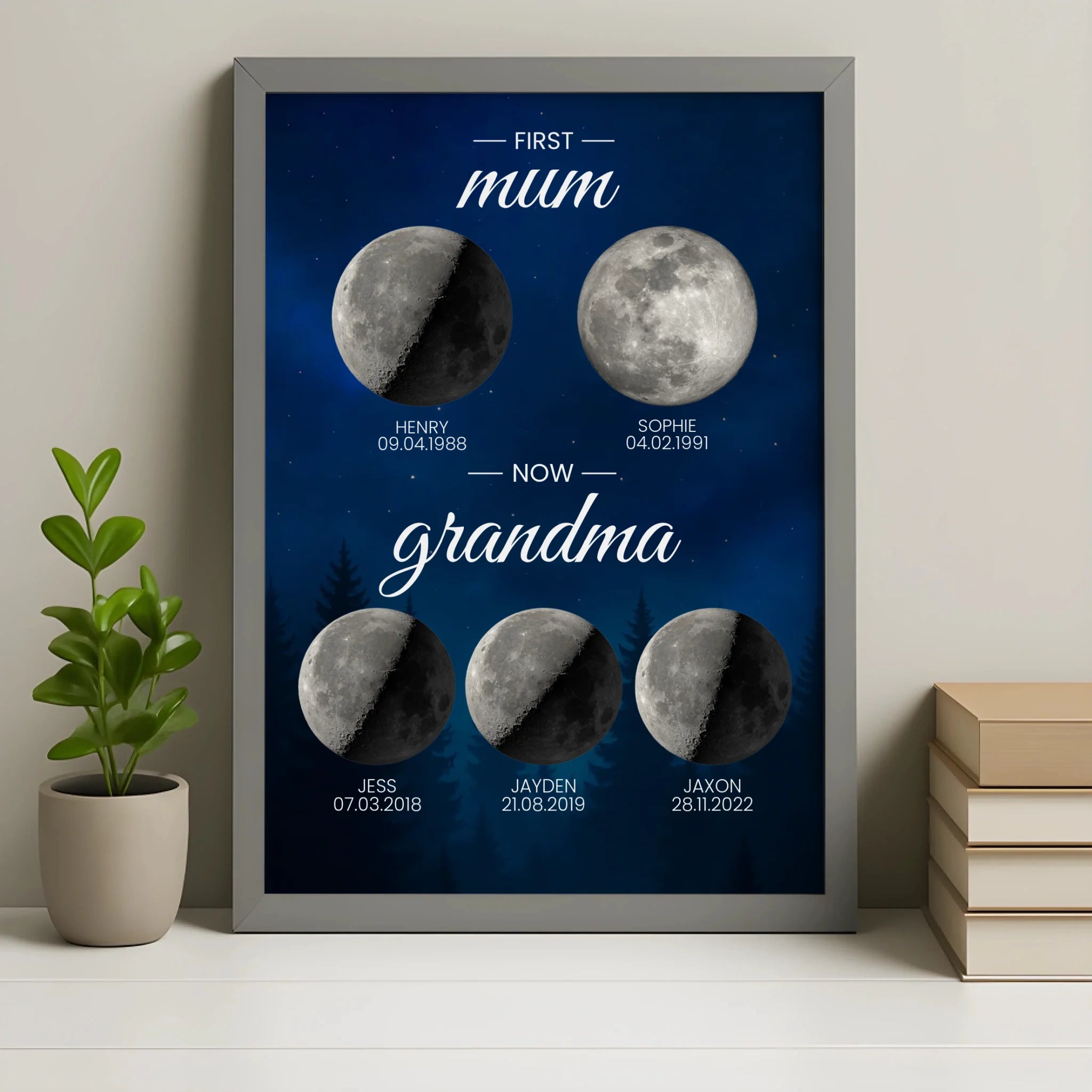 Personalised moon phase family generations print in a grey photo frame