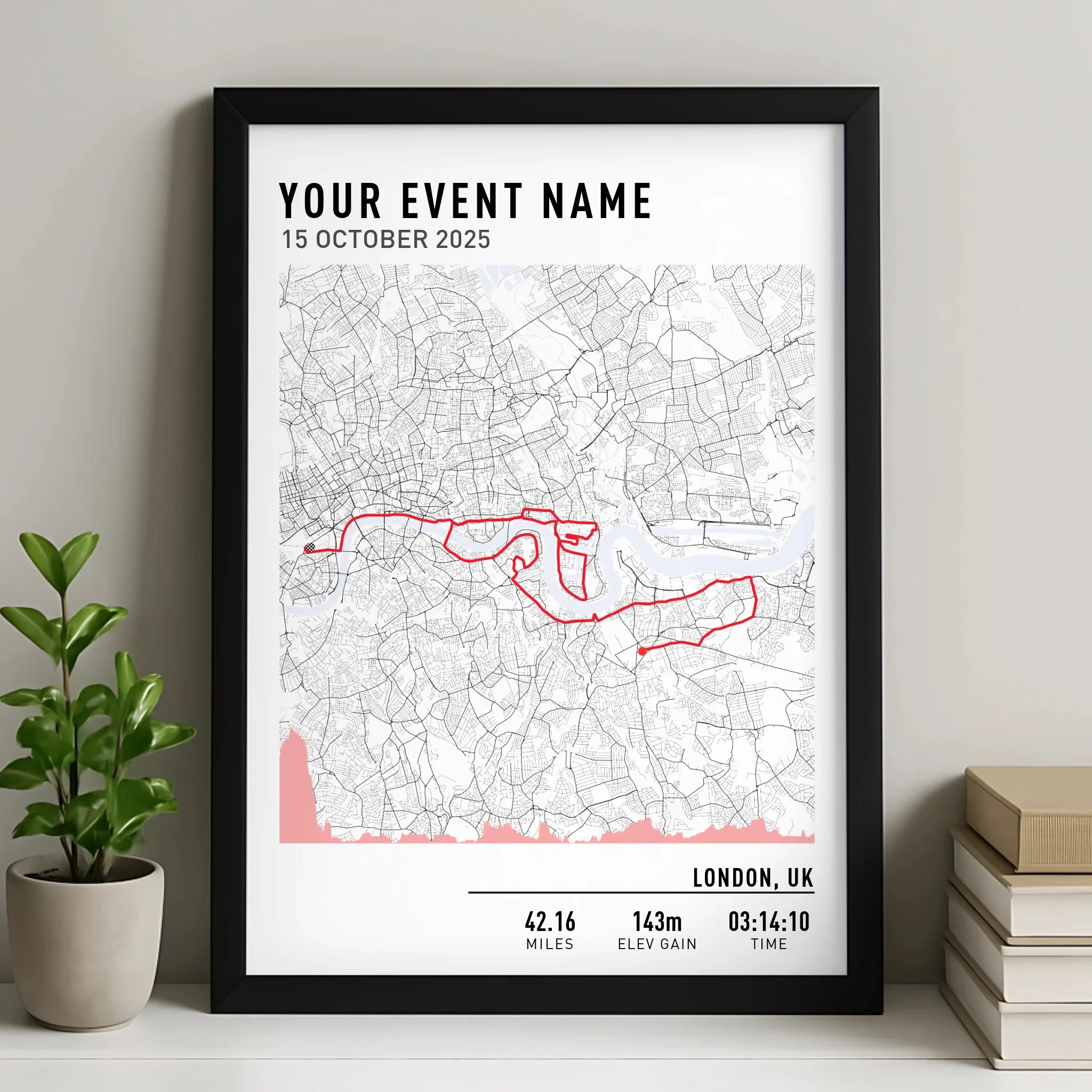 Customised Route Map Print | Personalised Running, Hiking or Cycling Gift | GPX Data or Link App - Black & White Minimal With Elevation Multiplier