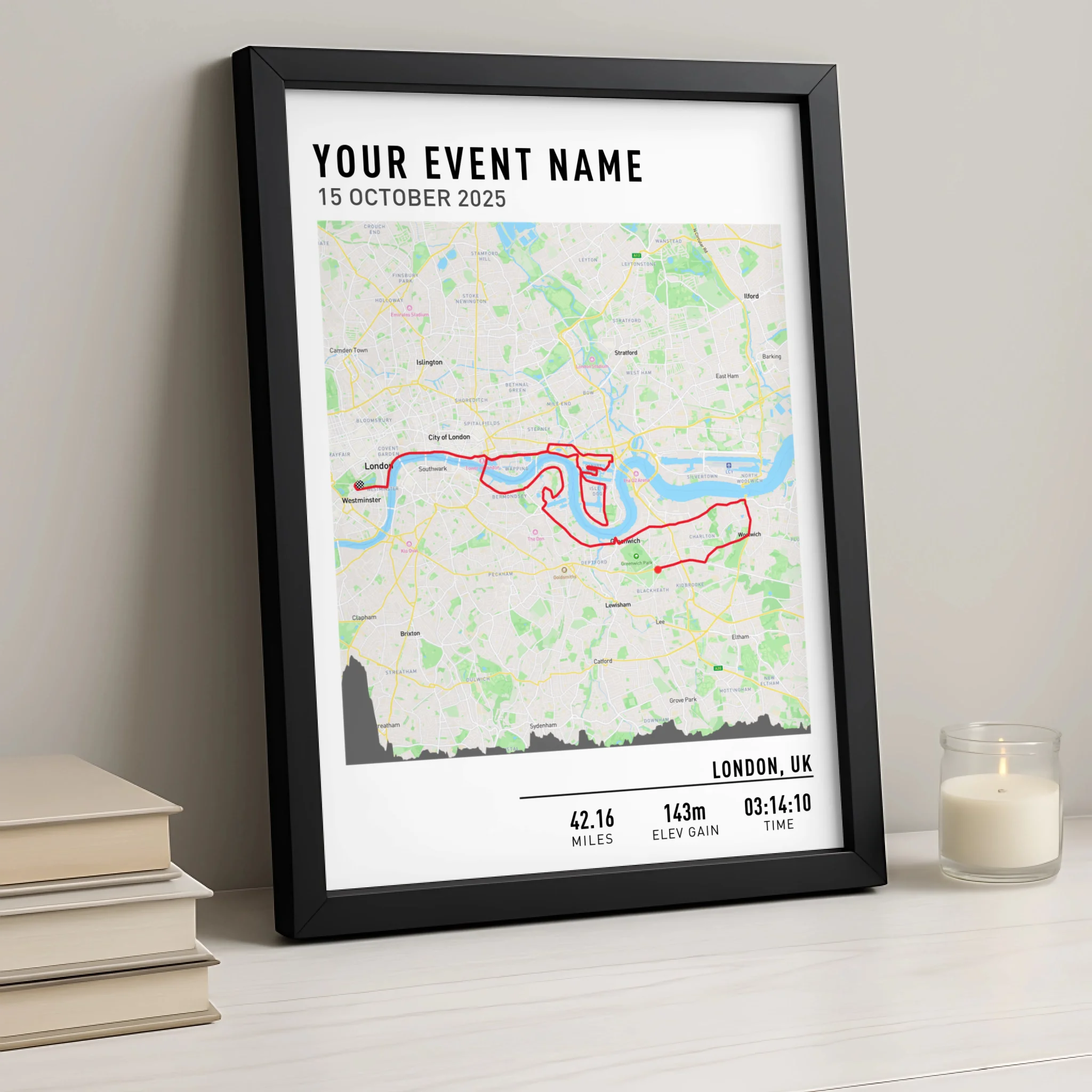 Customised Route Map Print | Personalised Running, Hiking or Cycling Gift | GPX Data or Link App - Nav Map With Elevation Multiplier