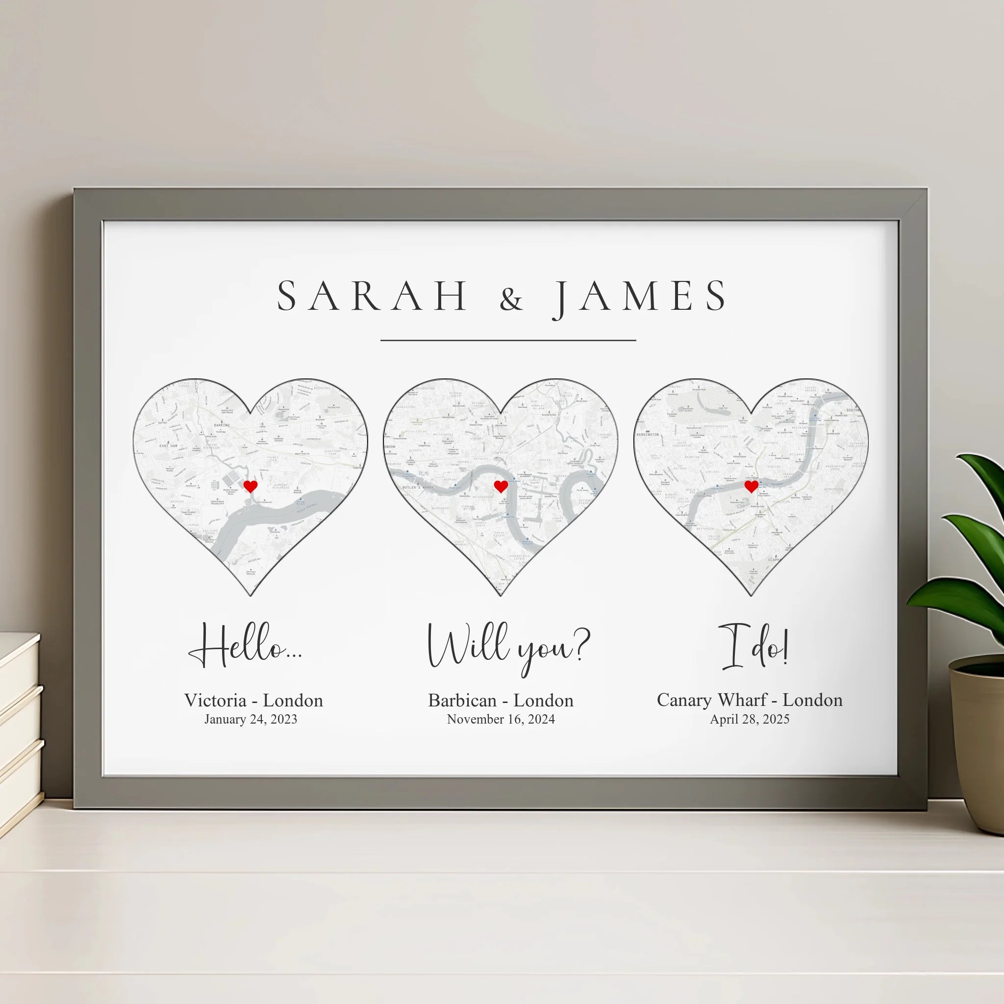 Grey frame option for personalised custom map print with text