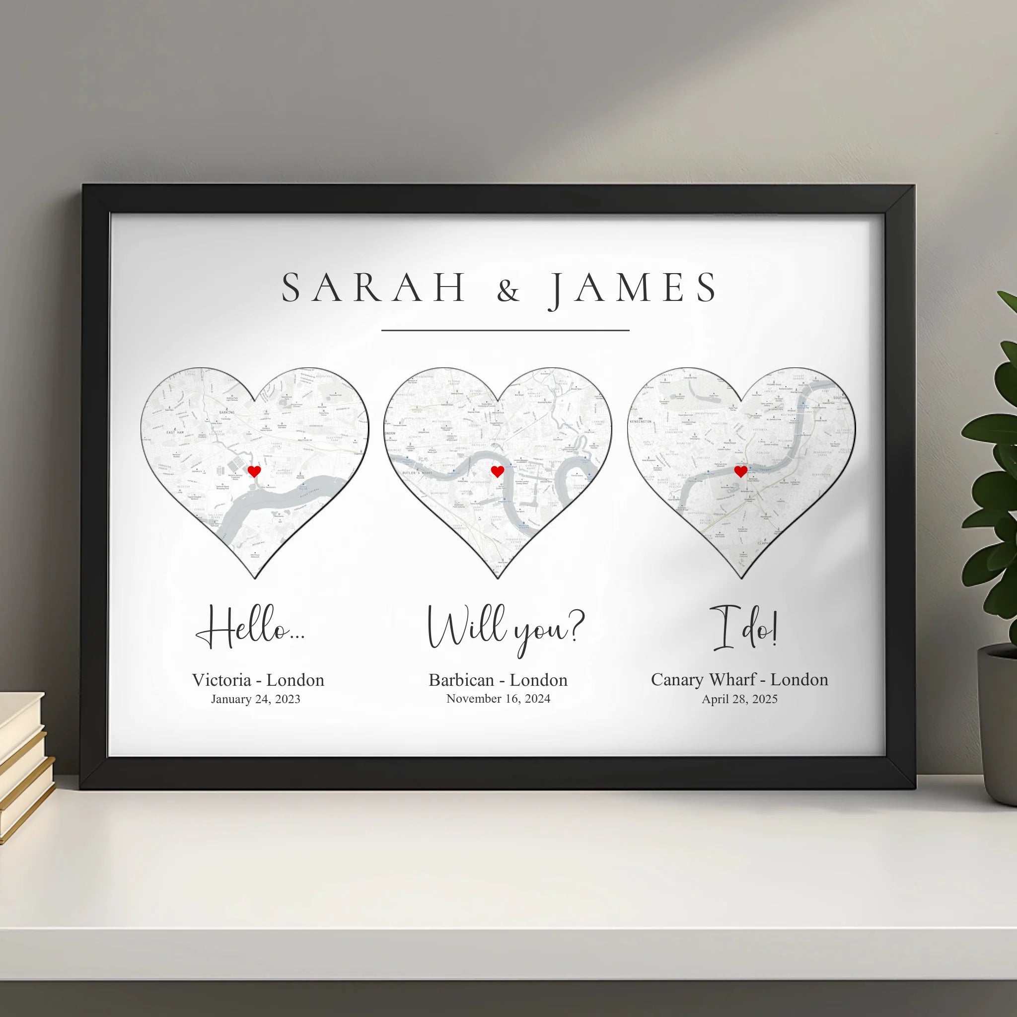 Personalised map print in a frame with optional coordinates and custom text