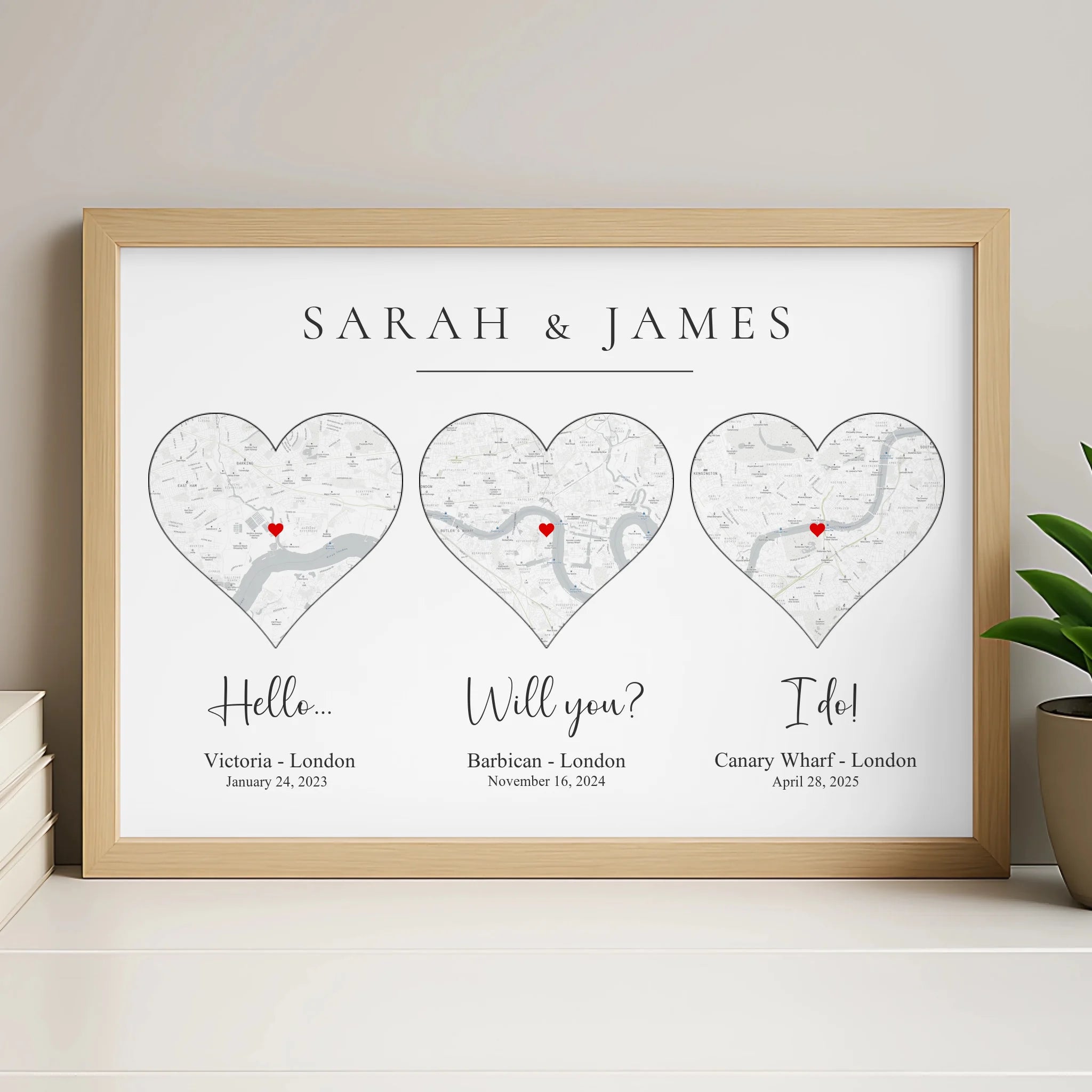 White frame option for personalised custom map print with text
