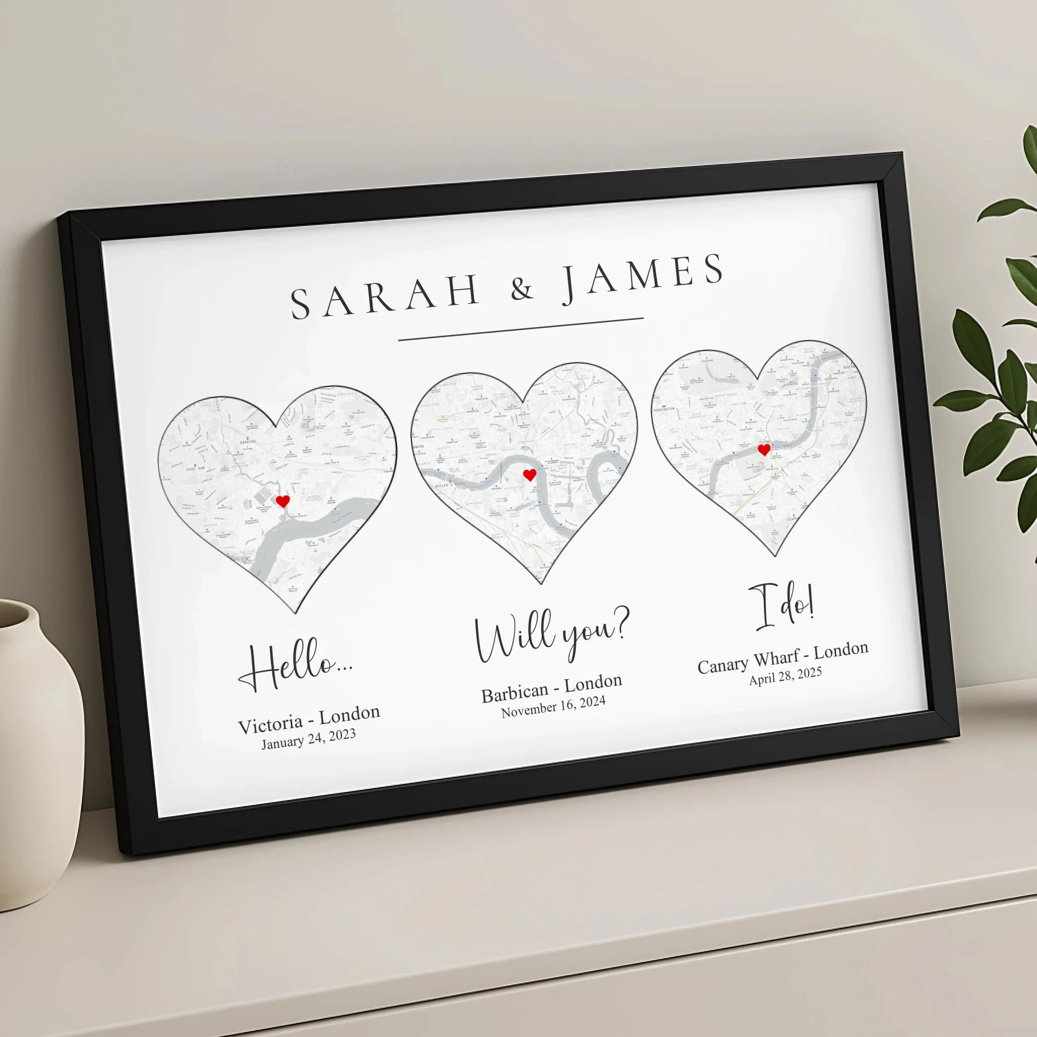 Close-up of a custom map print photo frame showing a specific location and personalised text