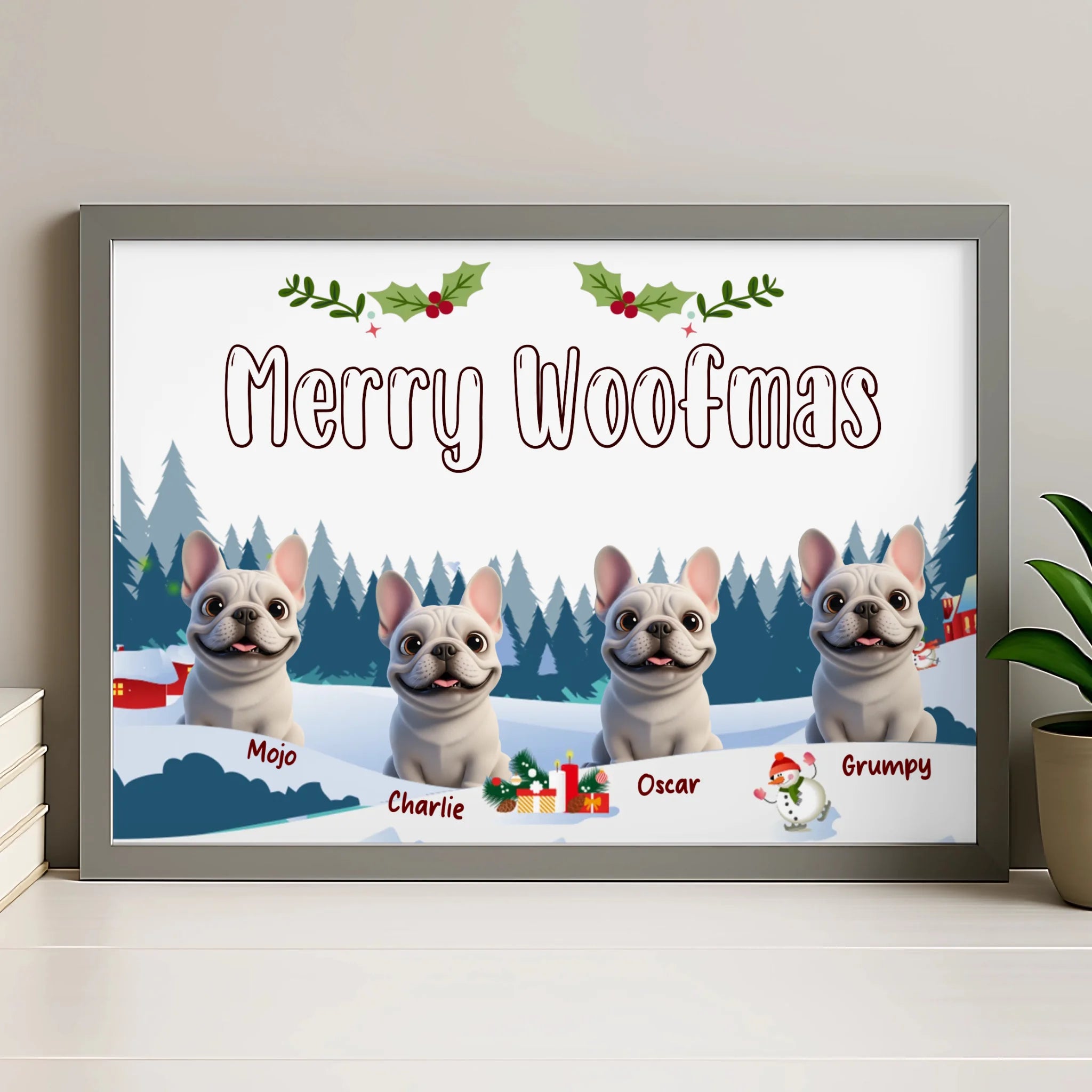 Personalised dog Christmas print in a grey photo frame