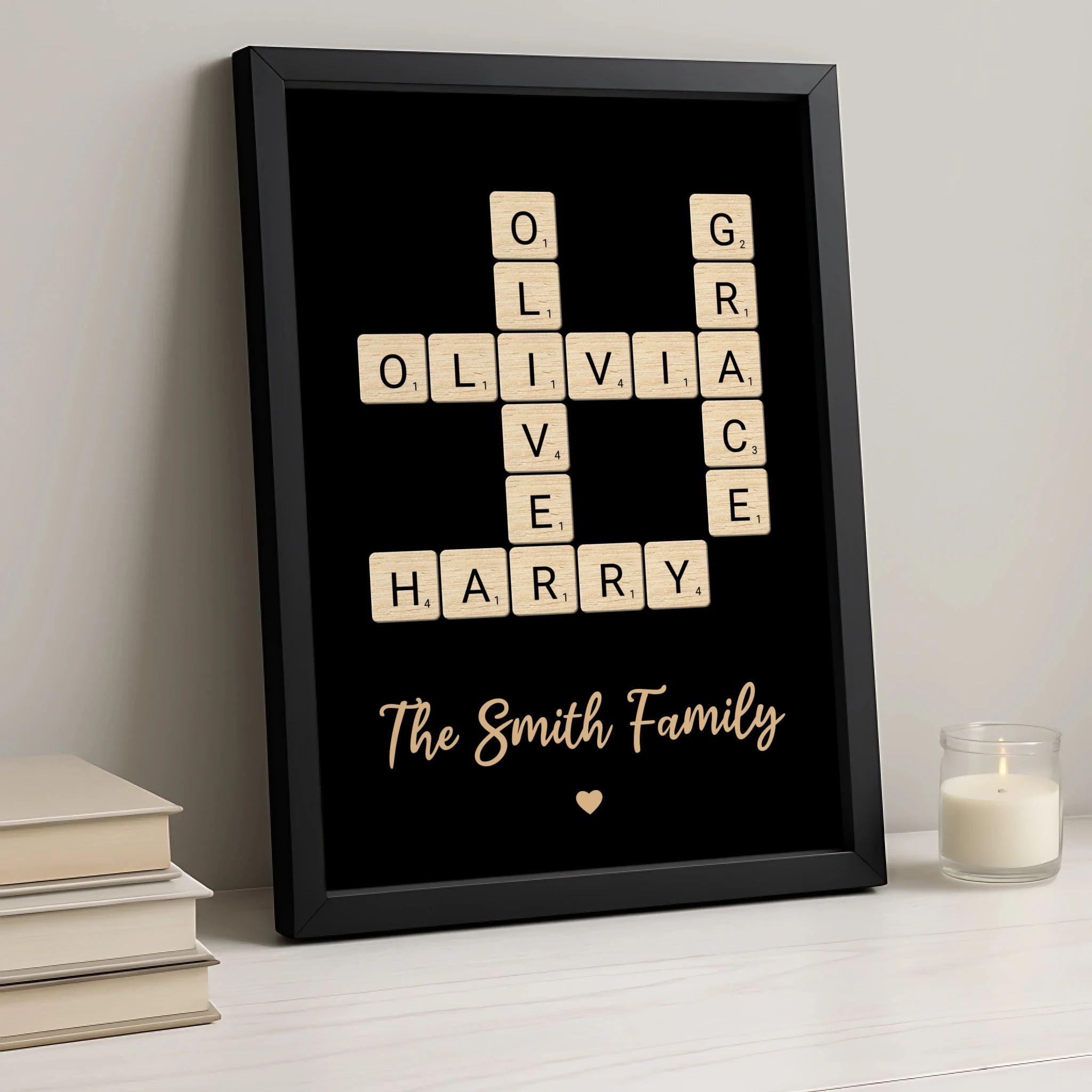 Close-up of a personalised family name crossword print inside a framed photo gift