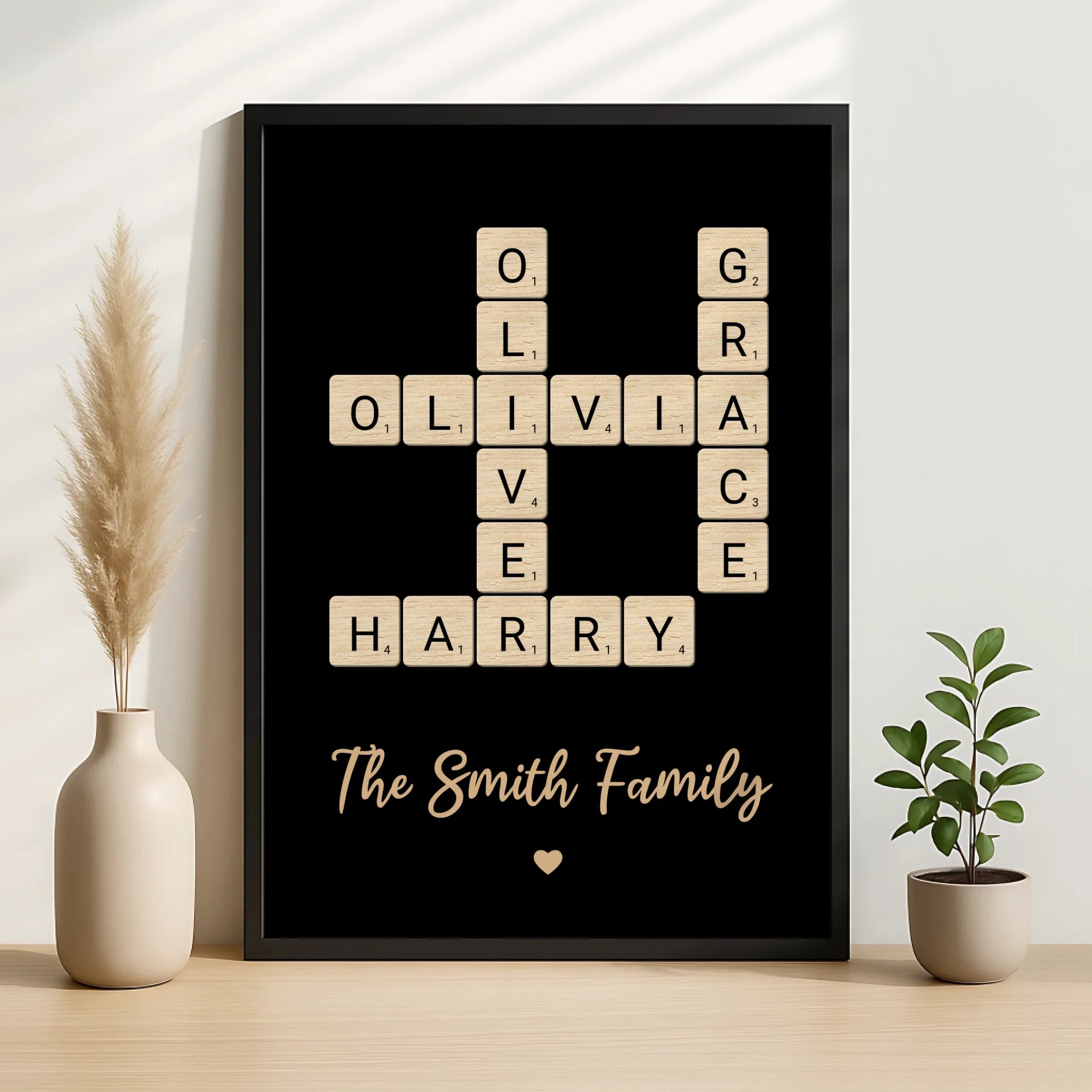 Detail shot of a custom crossword name print with individual wooden tile style letters