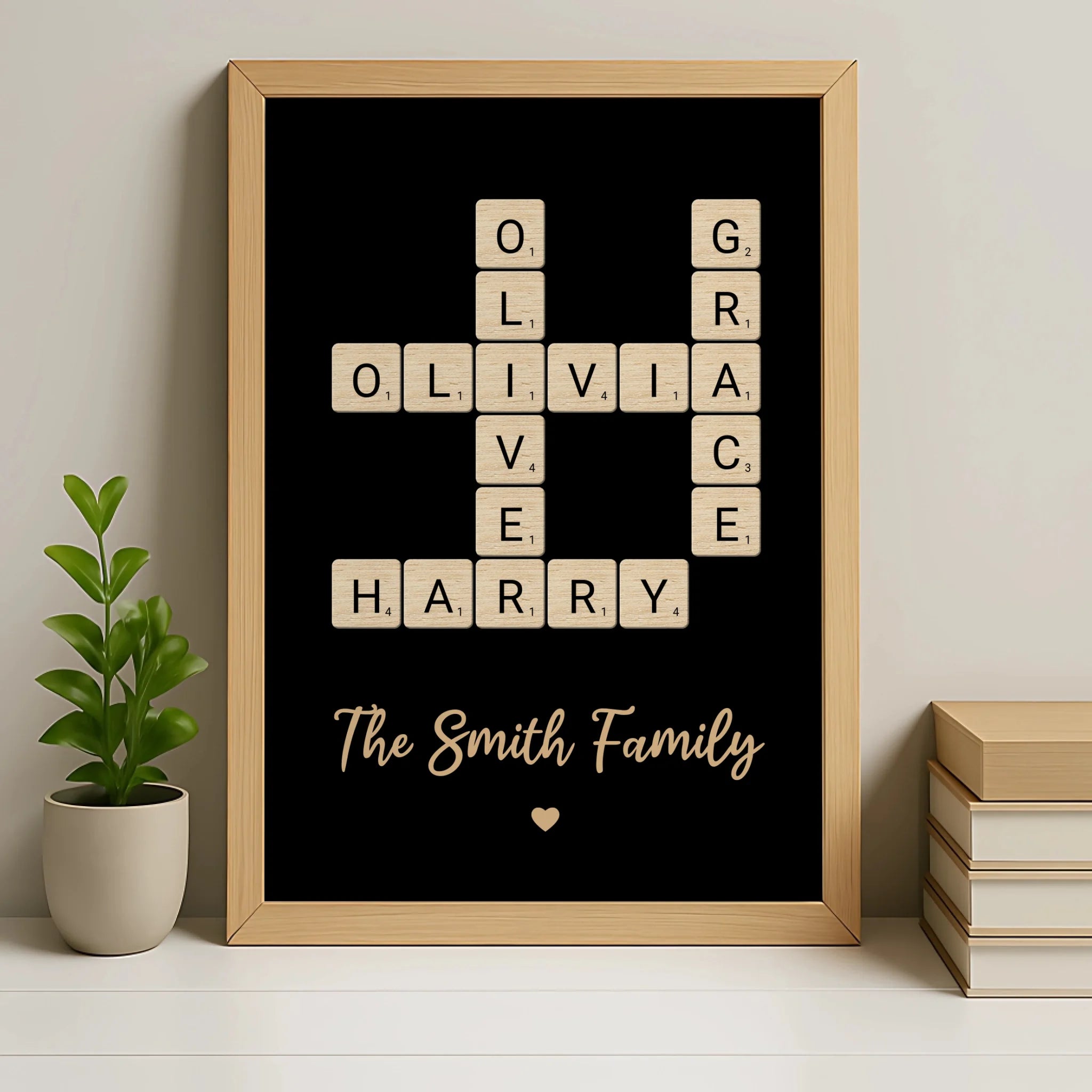 Personalised family name crossword print displayed in an oak style photo frame
