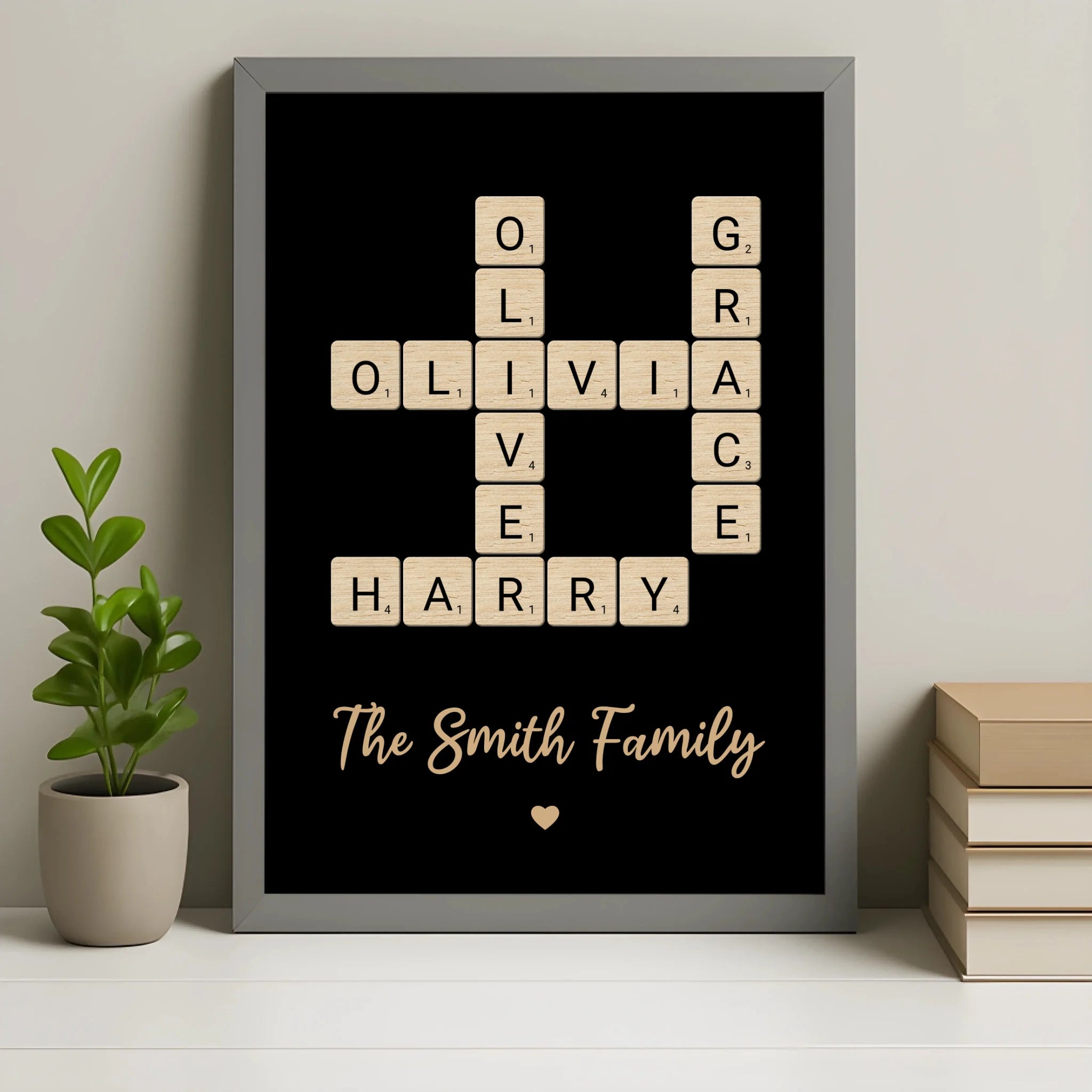 Custom family name crossword wall art in a grey photo frame