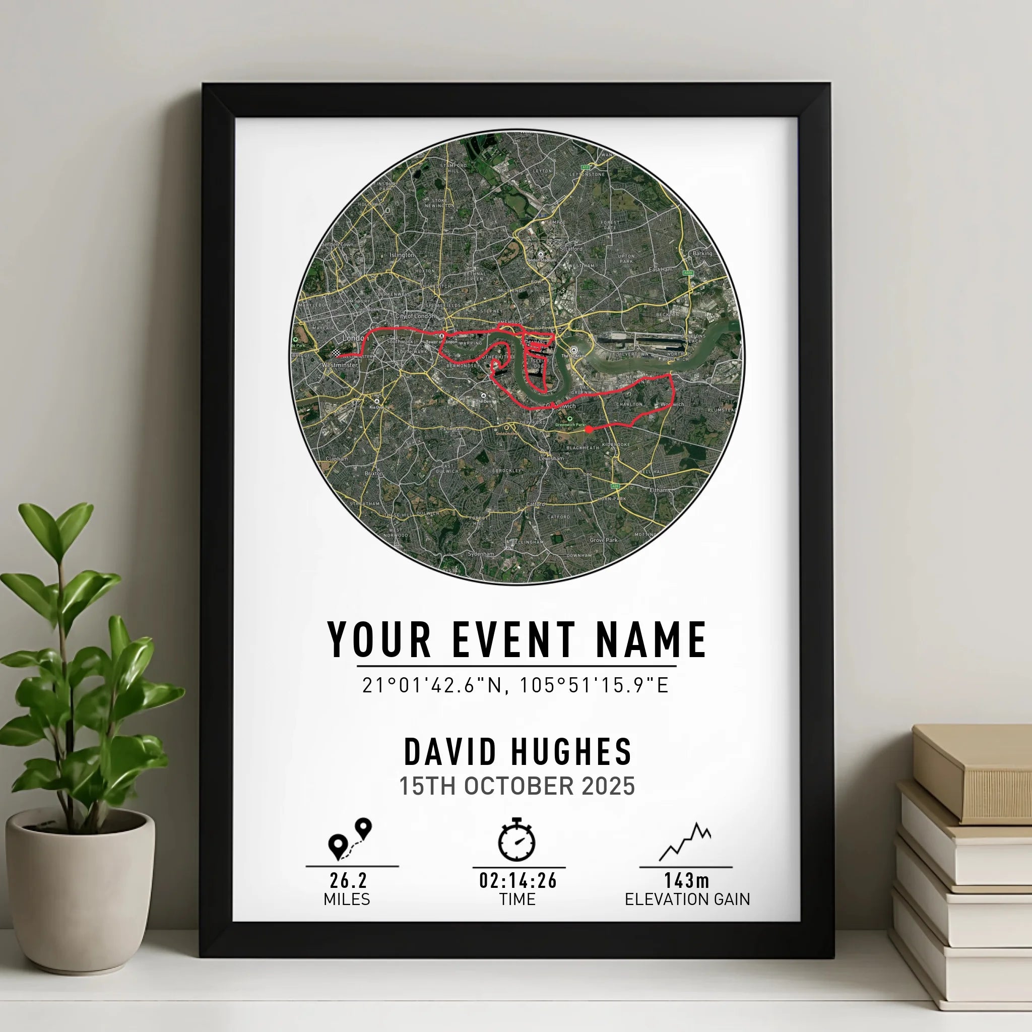 Personalised Route Map Print | Custom Running, Hiking or Cycling Gift | GPX Data or Link App - Street with Coordinates