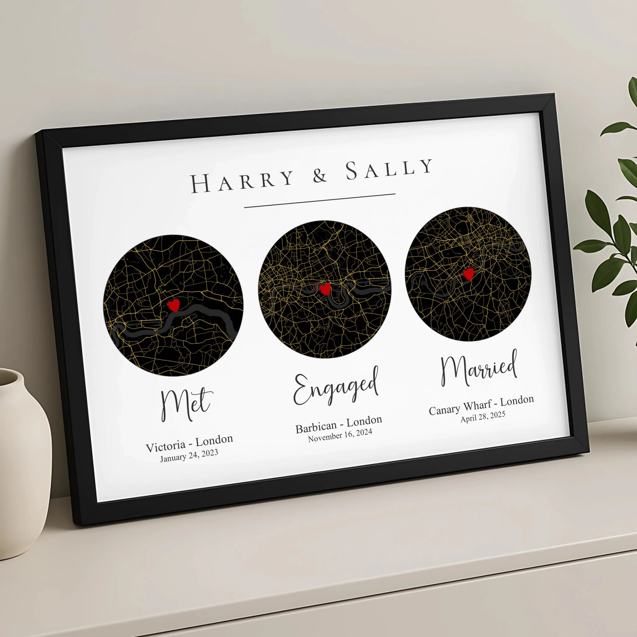 Custom couple timeline map print showing multiple UK locations and milestone dates
