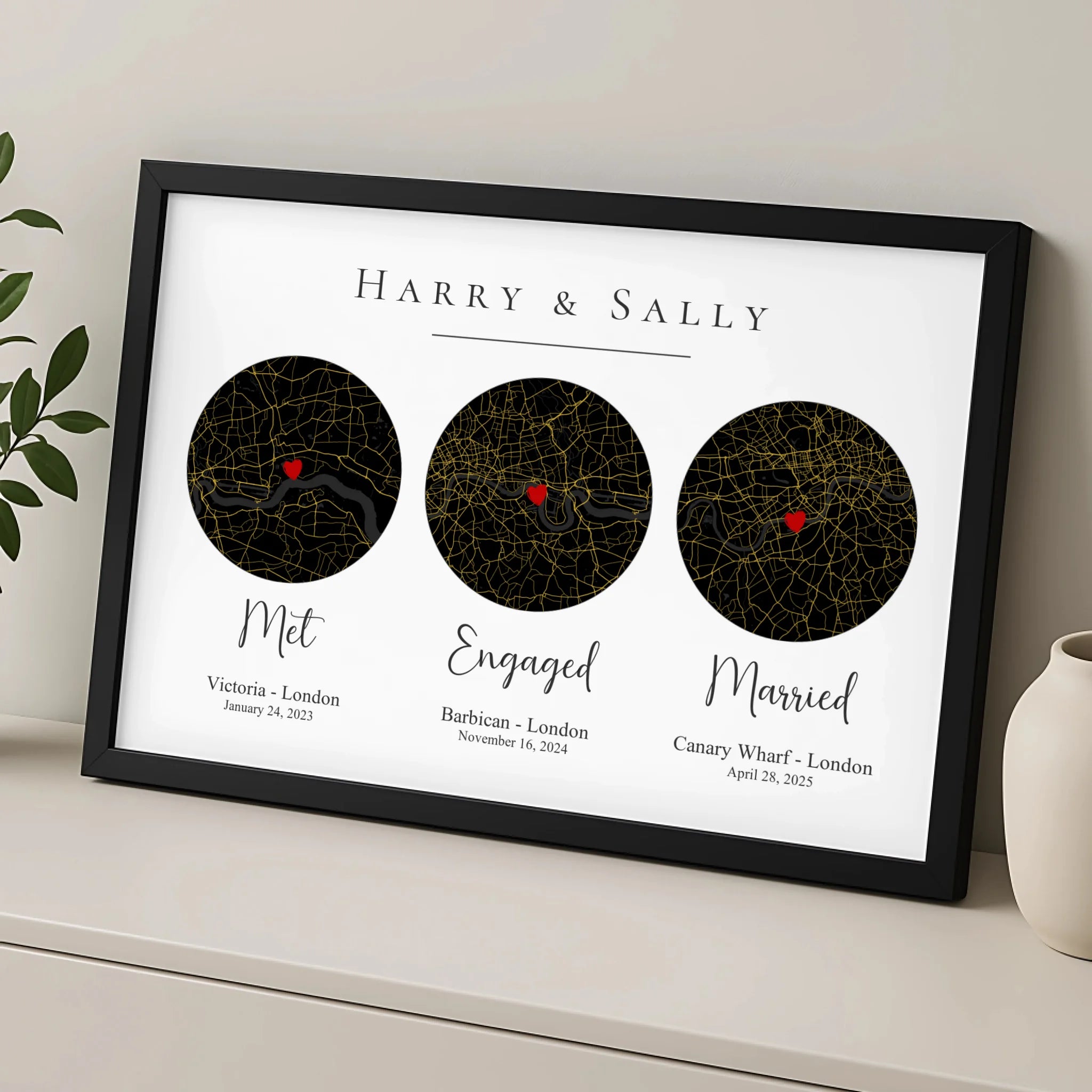 Personalised map print gift for couples with custom text and date details