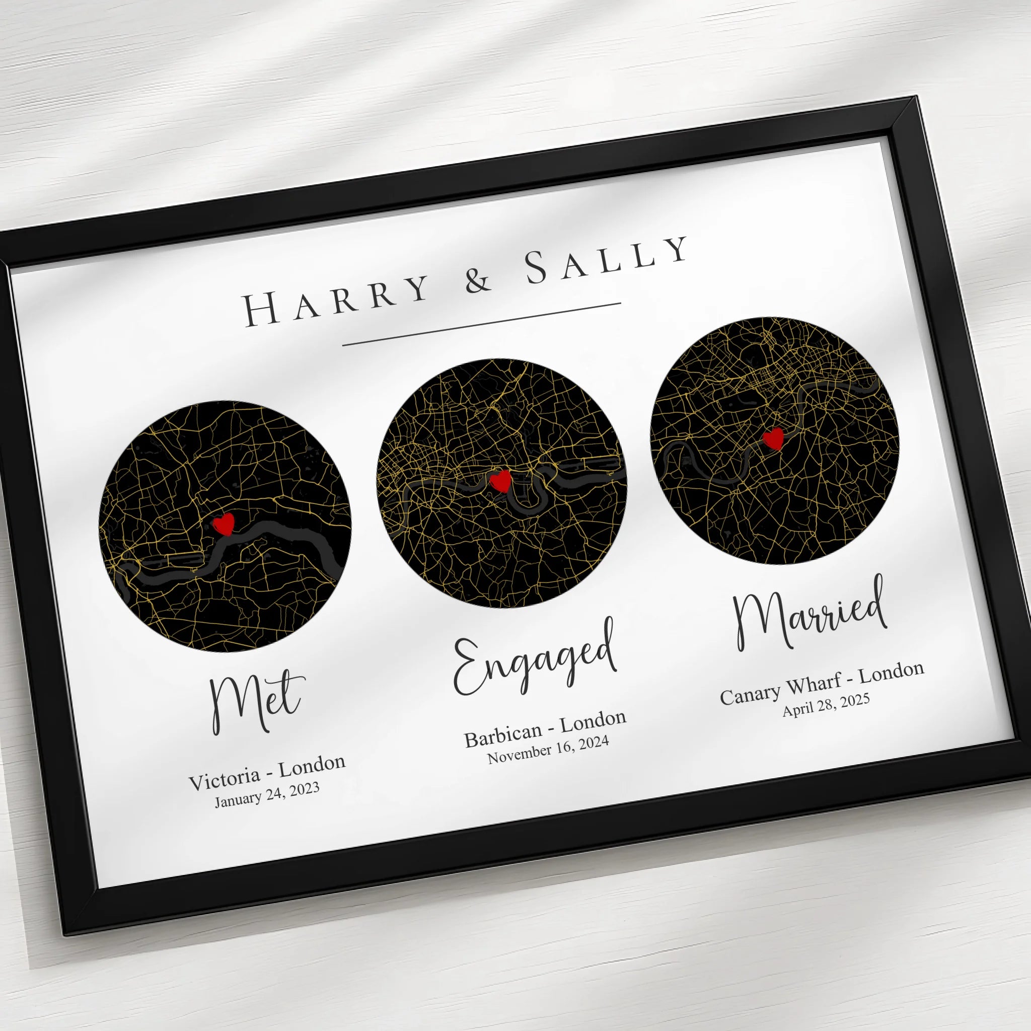 Custom map timeline print showing wedding and engagement locations for couples