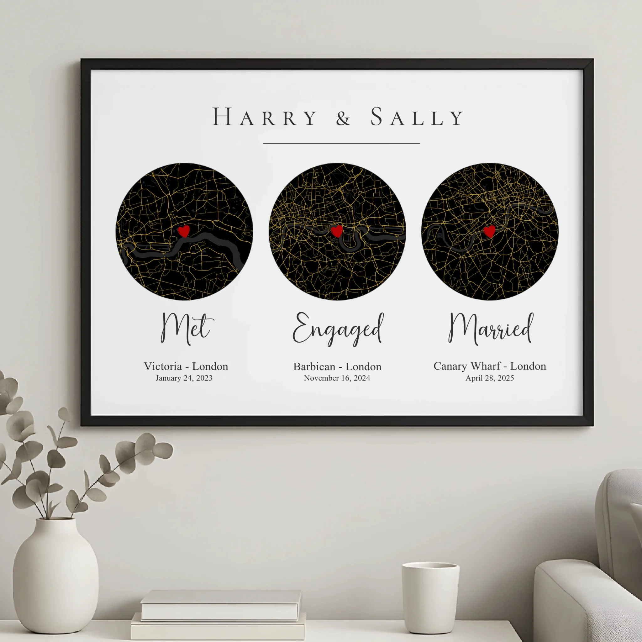 Personalised couple map print with multiple location choices and custom dates