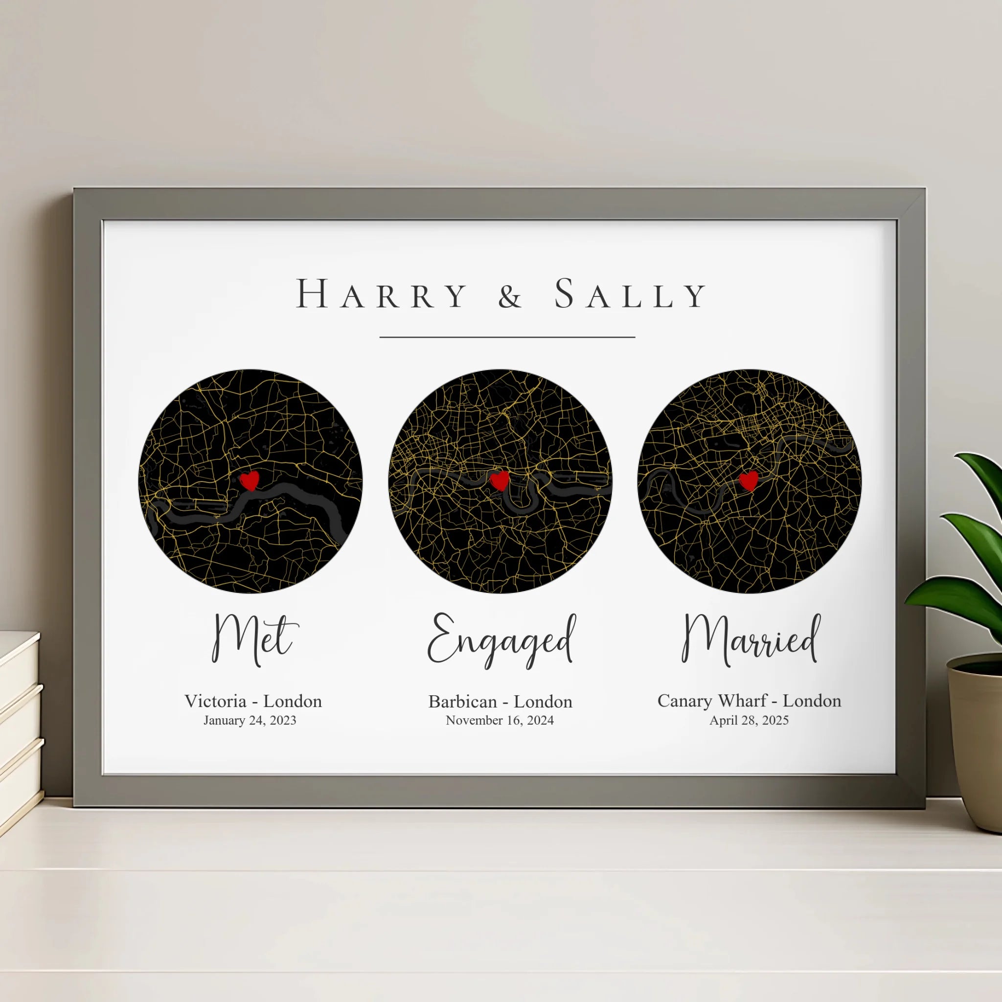Our story map print in grey frame showing personalised couple locations and text