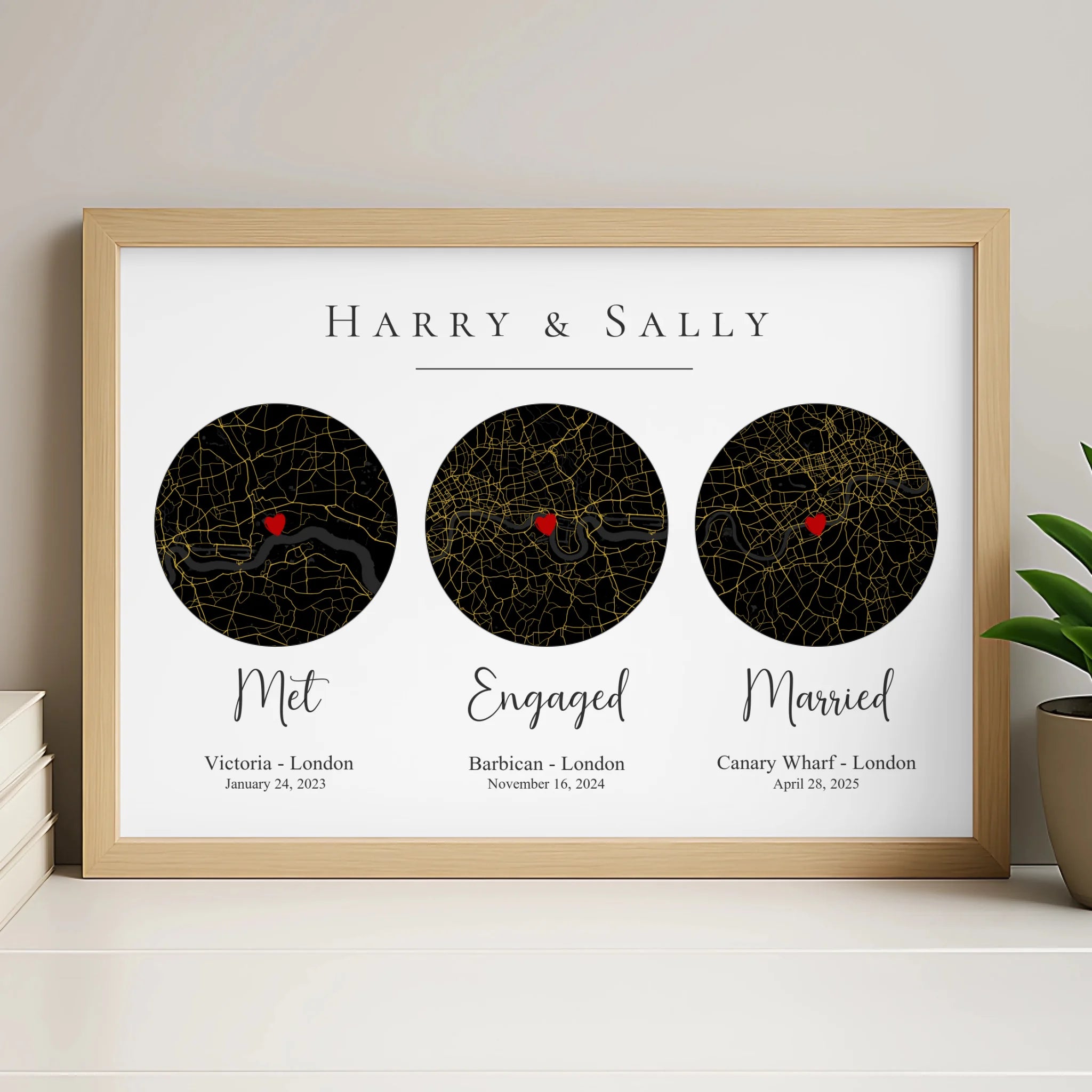 Our story map print in white frame with custom couple names dates and locations
