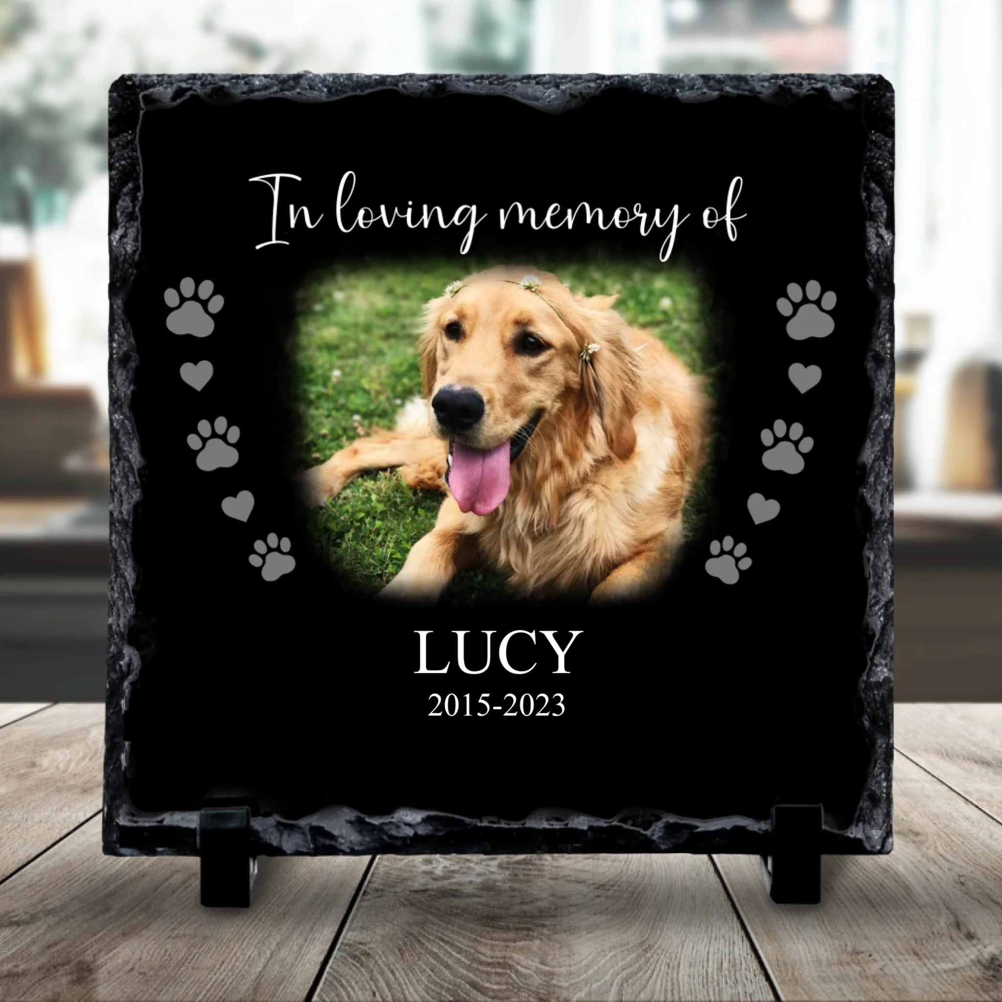 Personalised pet memorial photo slate printed with a pet photo and In Loving Memory text