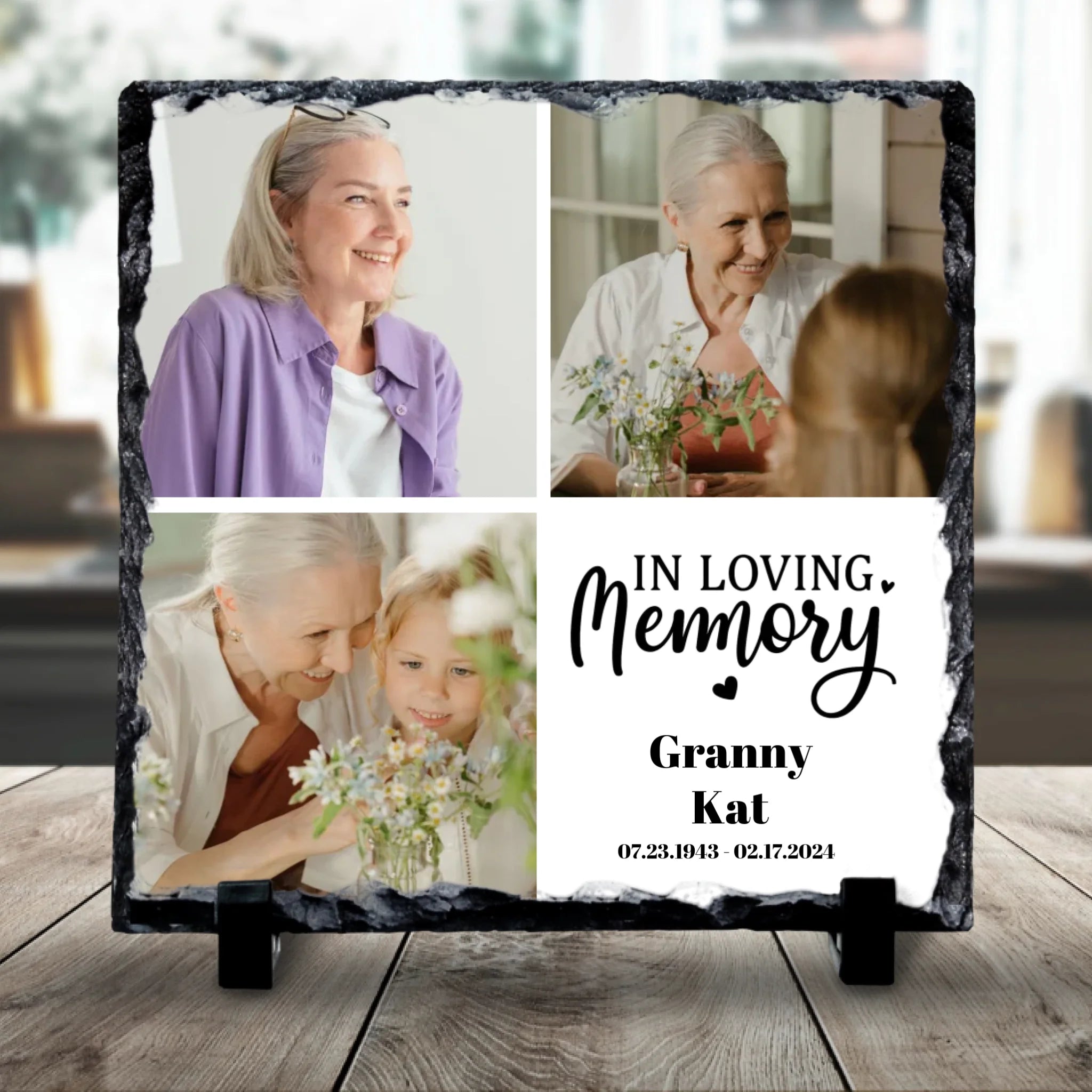 Personalised memorial photo slate with 3 photos and In Loving Memory text printed on natural slate