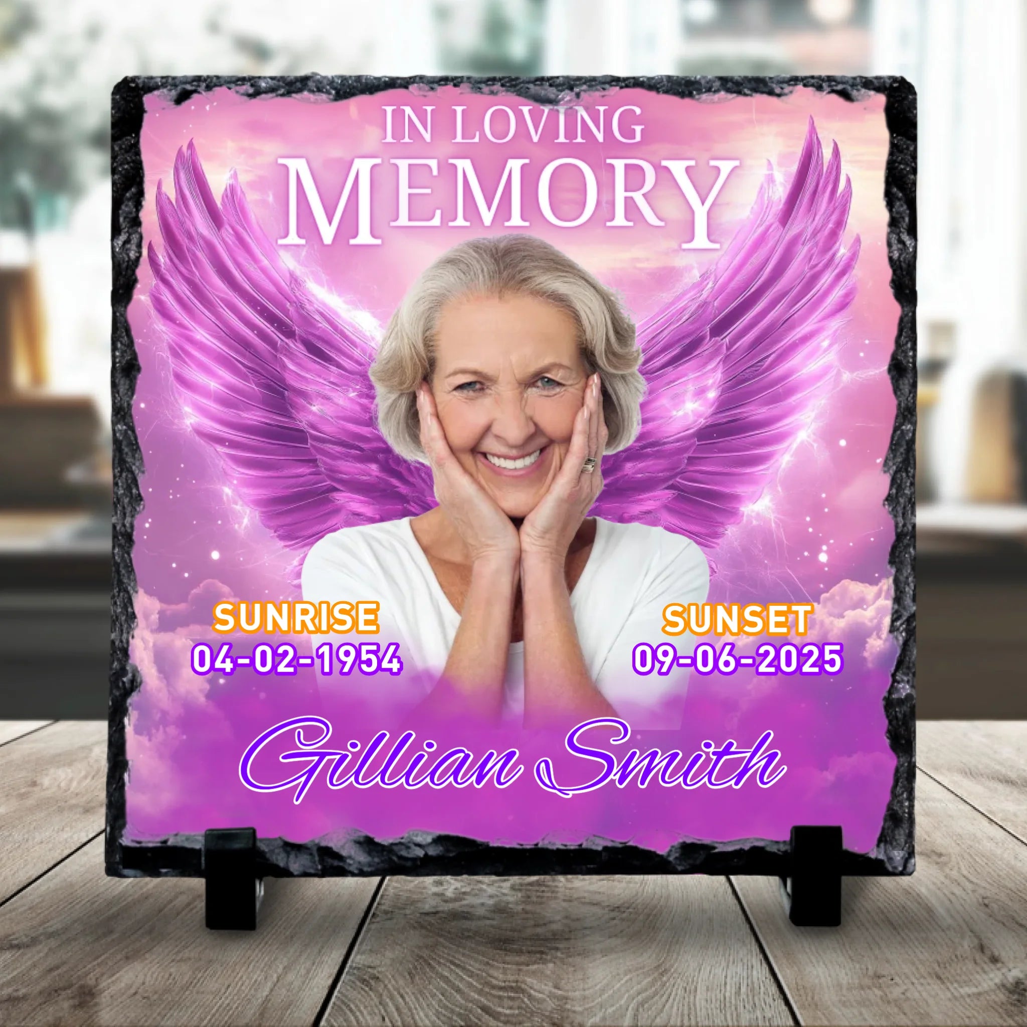 Custom Personalised Memorial Photo Slate Plaque - Purple Angel Wings