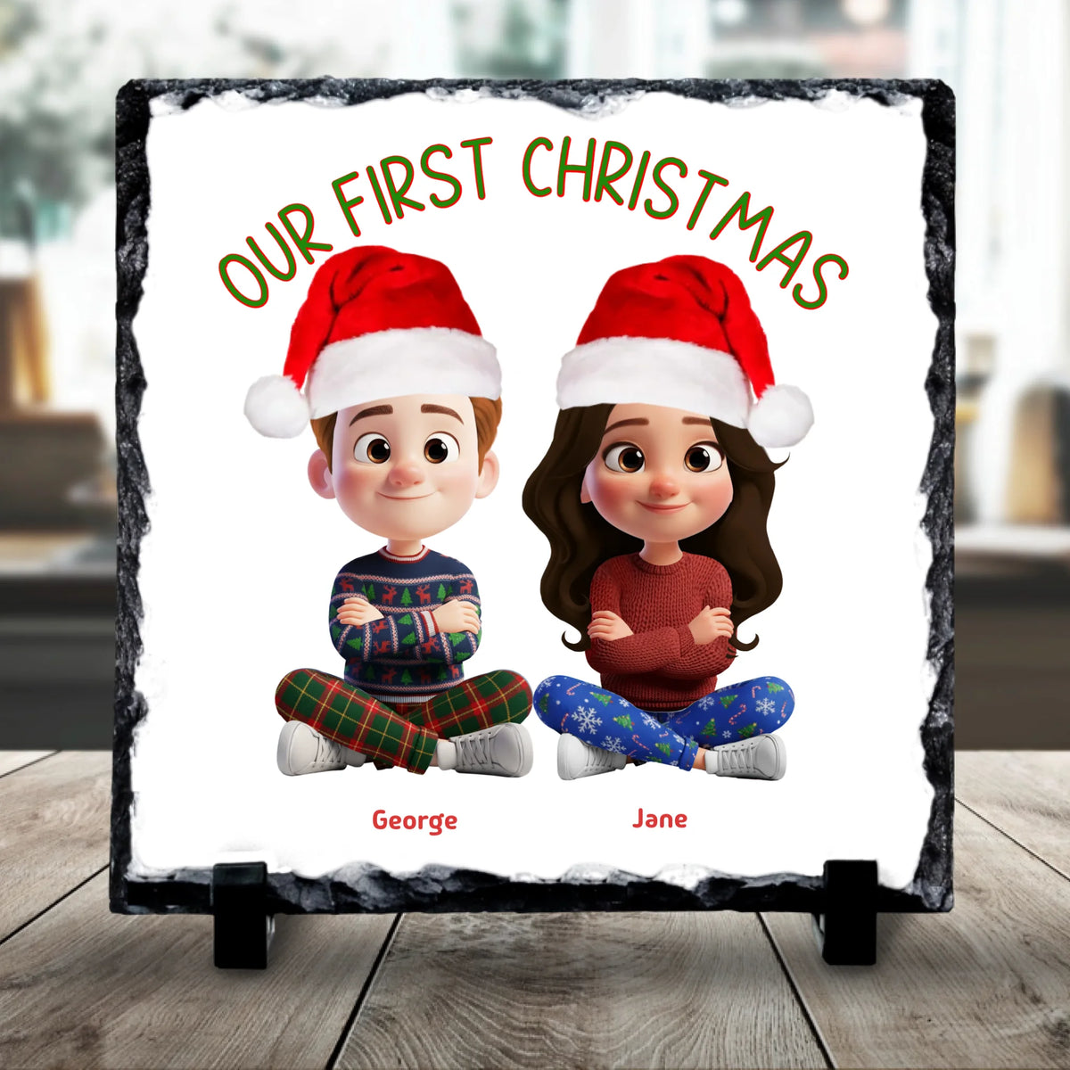 Our First Christmas Personalised Slate | Custom Couple Cartoon Design | Festive Gift Keepsake