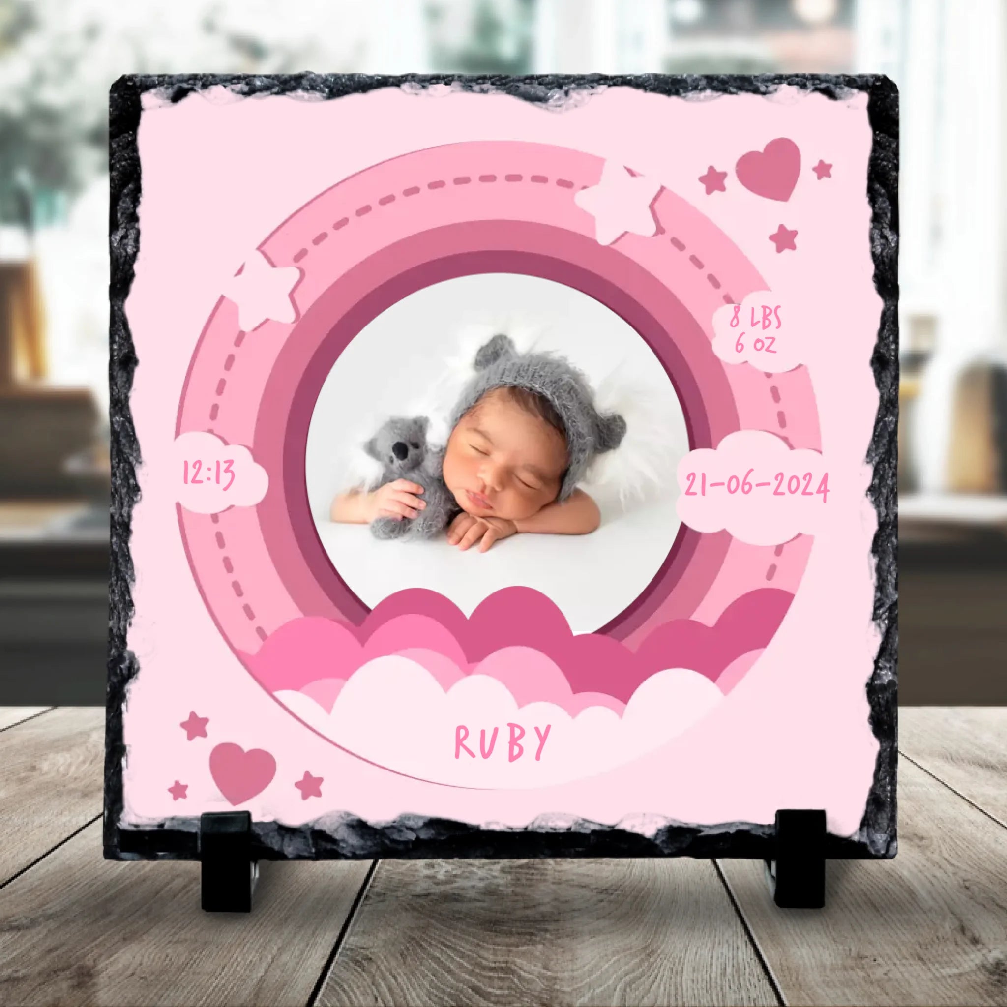 Custom Personalised Birth Announcement Photo Slate - Baby Girl - Pinks