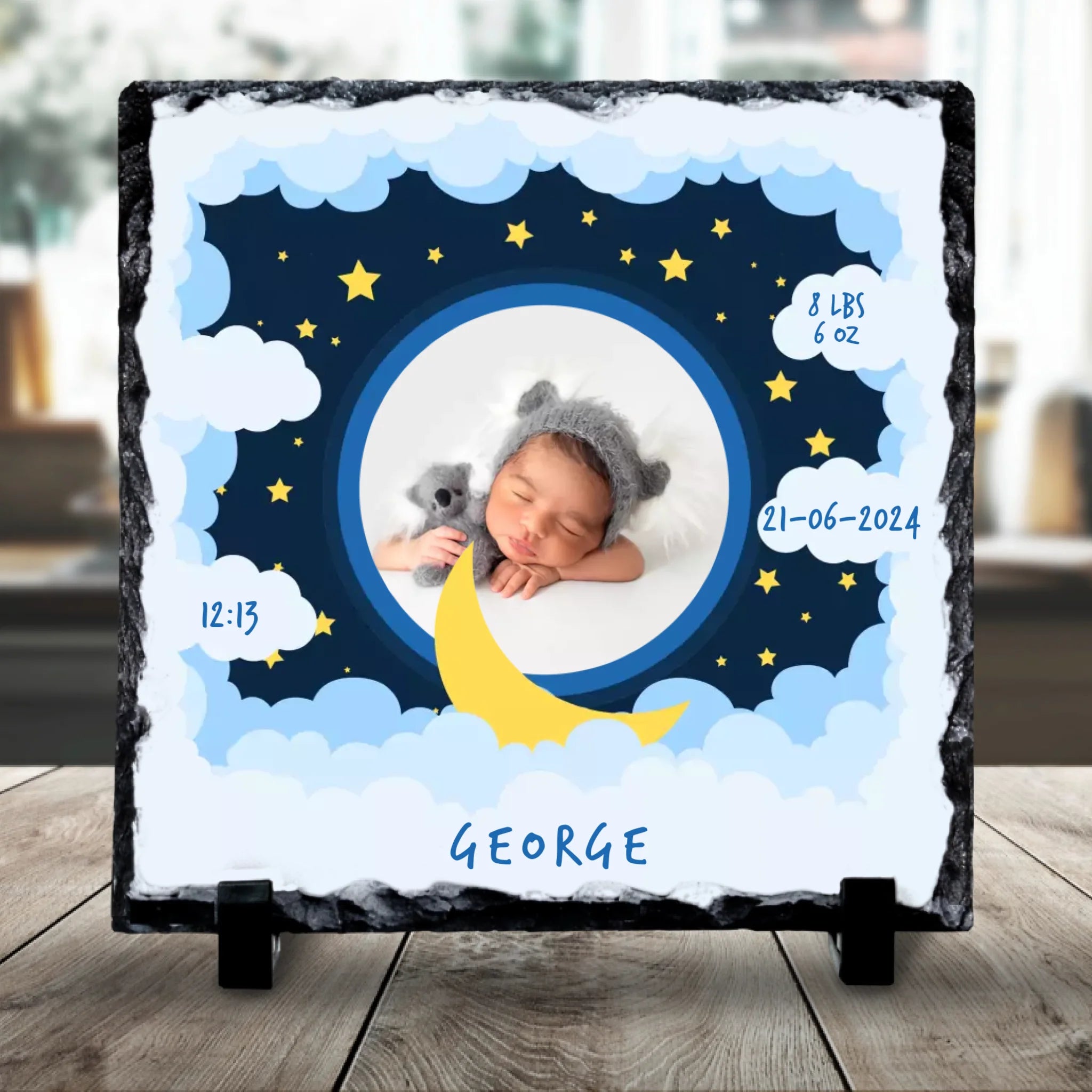 Custom Personalised Birth Announcement Photo Slate - Baby Boy - Blues