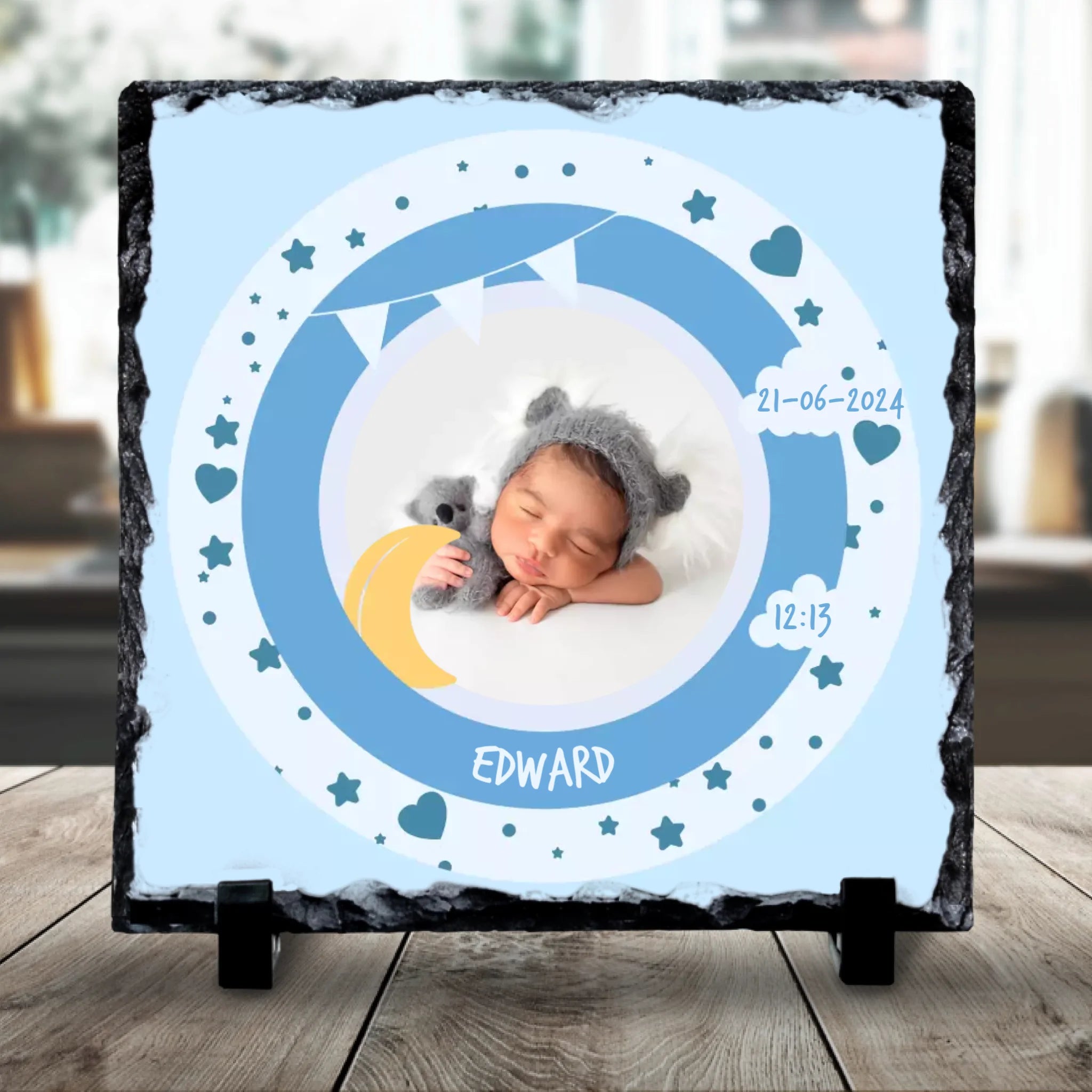 Custom Personalised Birth Announcement Photo Slate - Baby Boy - Blues
