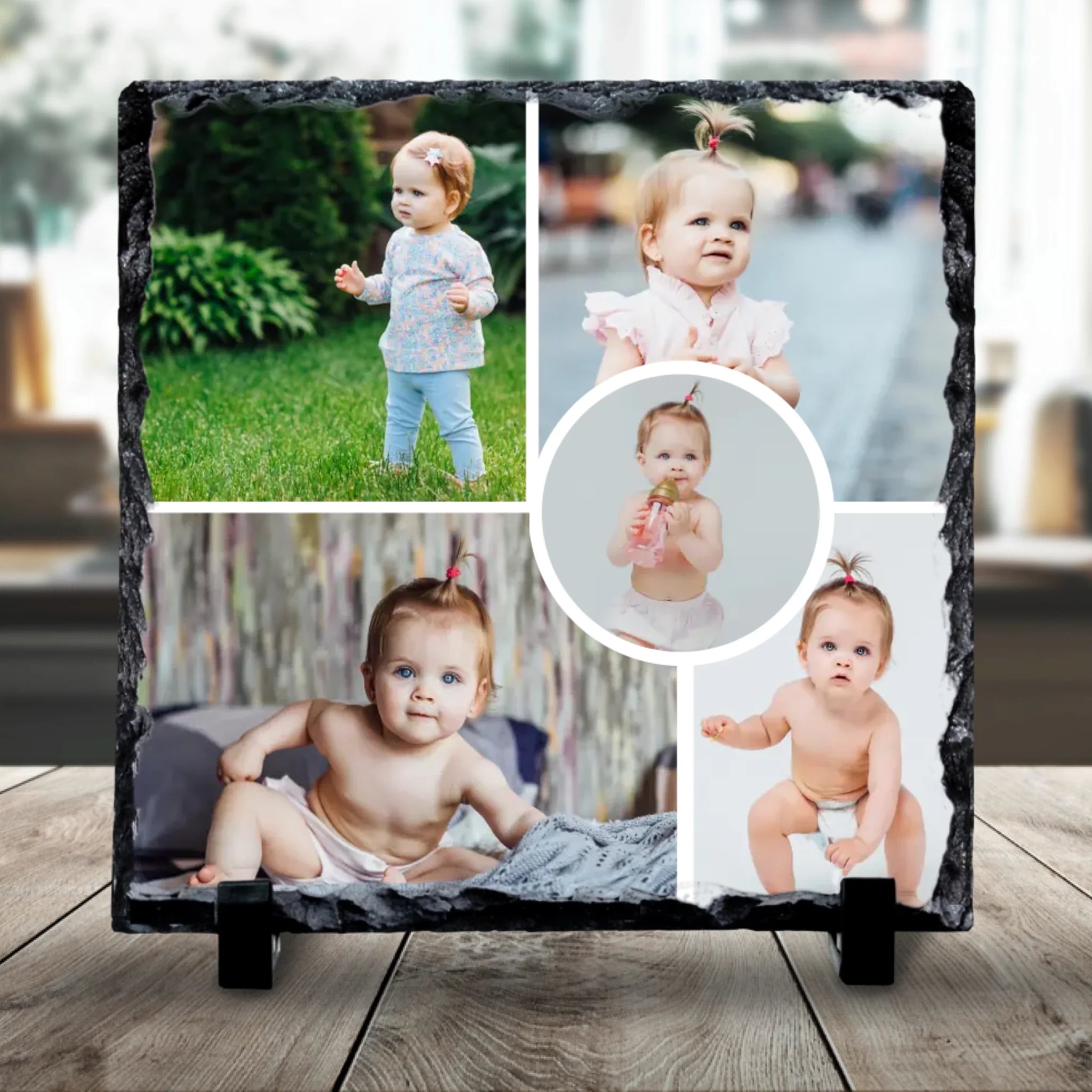 Personalised Collage Photo Slate - Custom 5-Photo Design with Central Circle Image