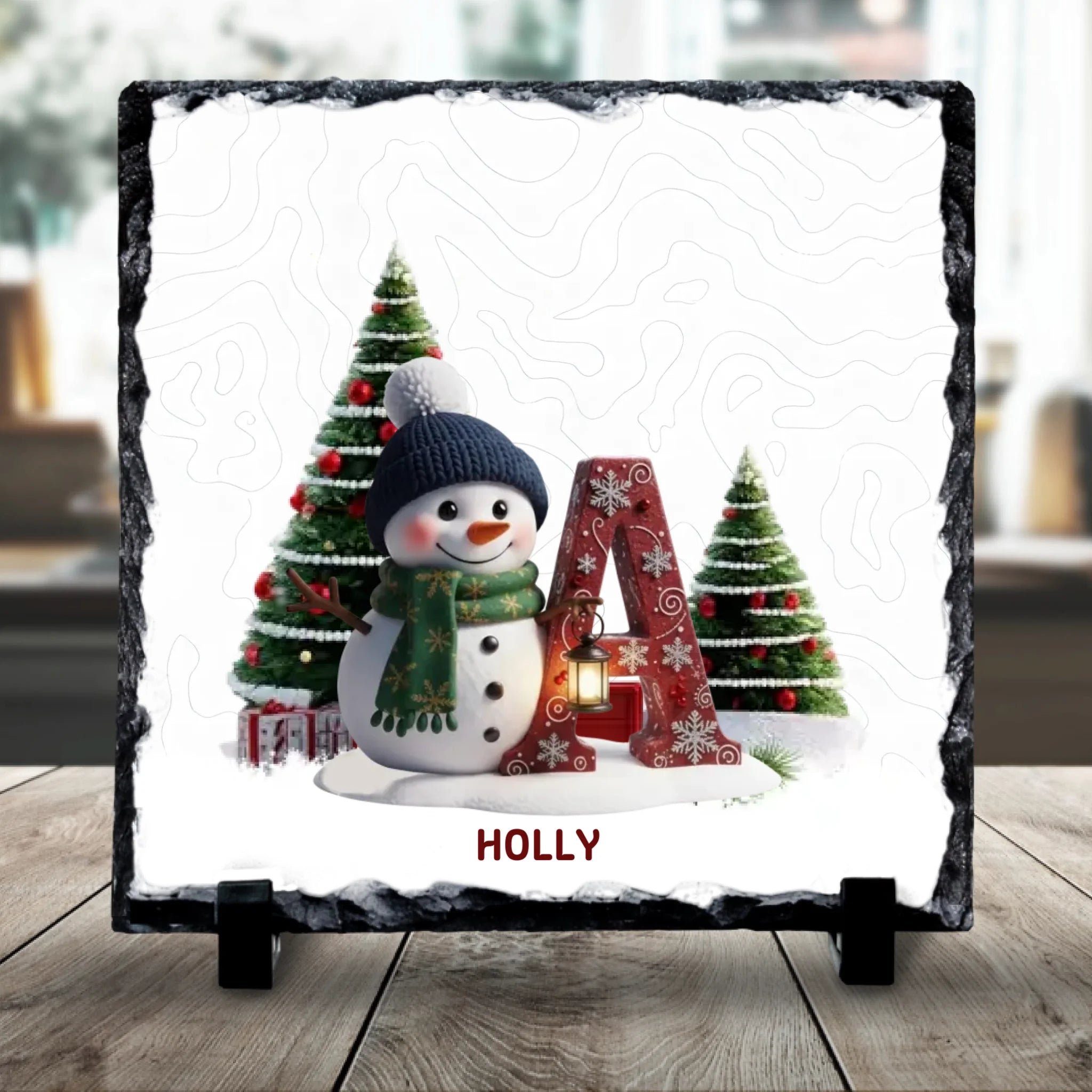 Personalised Christmas Initial Slate | Custom Snowman & Tree Design | Name Gift for Kids or Family
