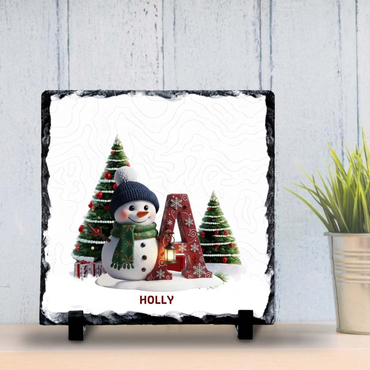 Personalised Christmas Initial Slate | Custom Snowman & Tree Design | Name Gift for Kids or Family