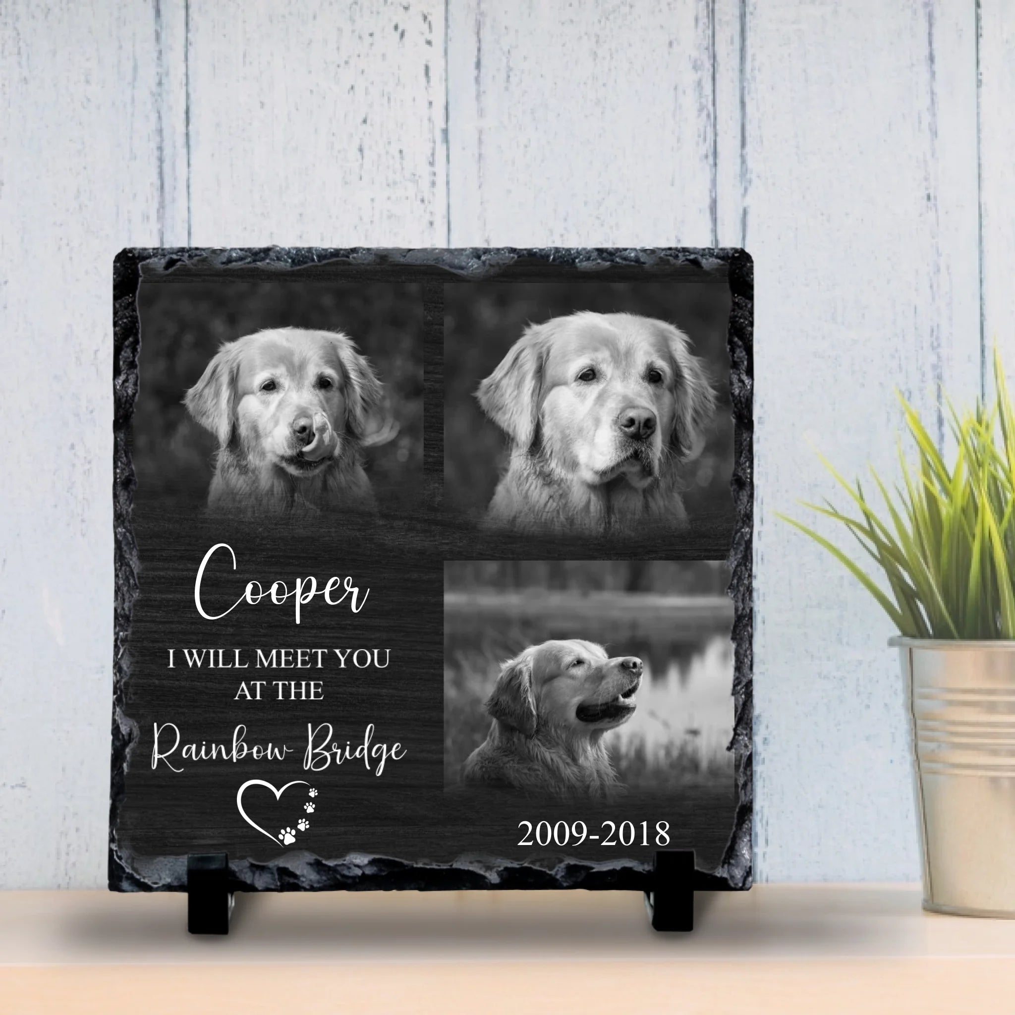 Custom Personalised Pet Memorial Photo Slate - Rainbow Bridge - Black & White