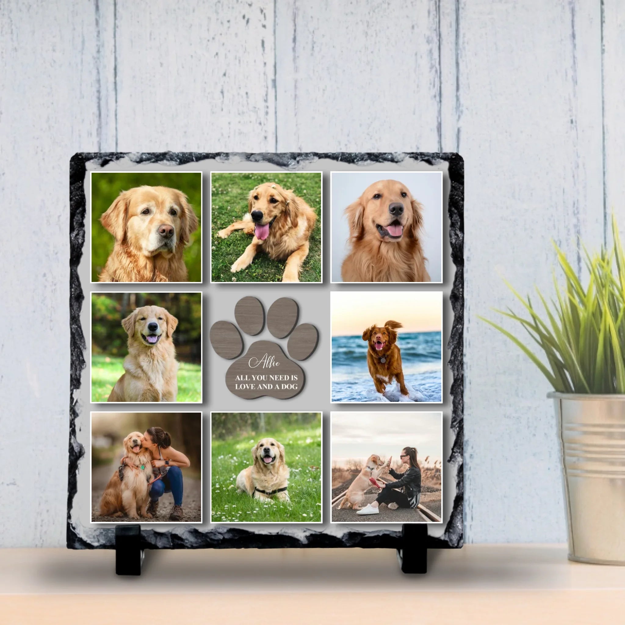 Custom photo slate gift showing dog photos arranged in a paw print collage layout