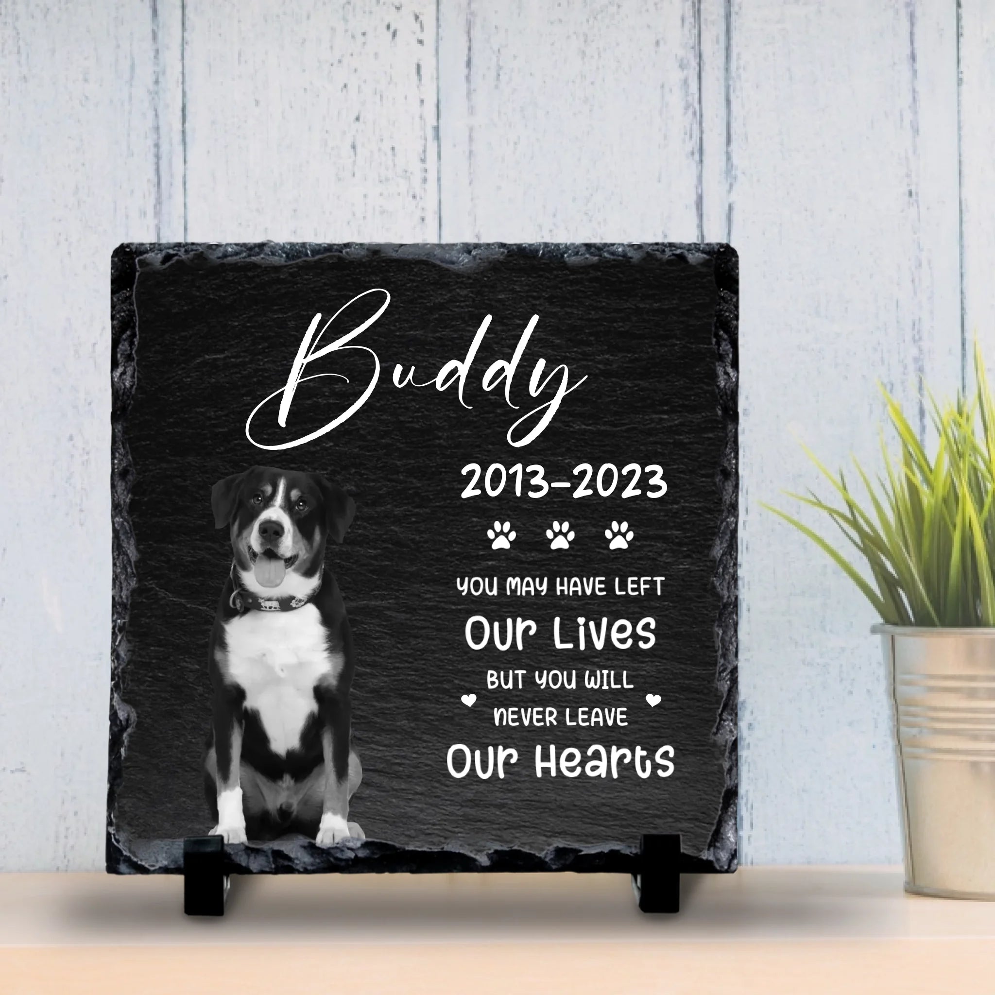 Custom Personalised Dog Memorial Photo Slate Plaque - Never Leave Our Hearts