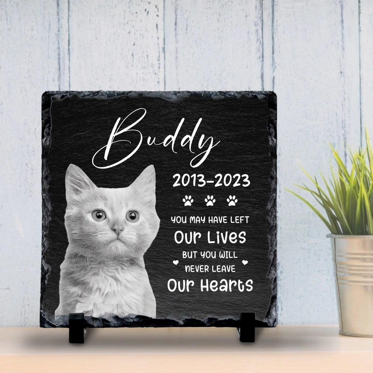 Custom Personalised Pet Memorial Photo Slate Plaque - Never Leave Our Hearts