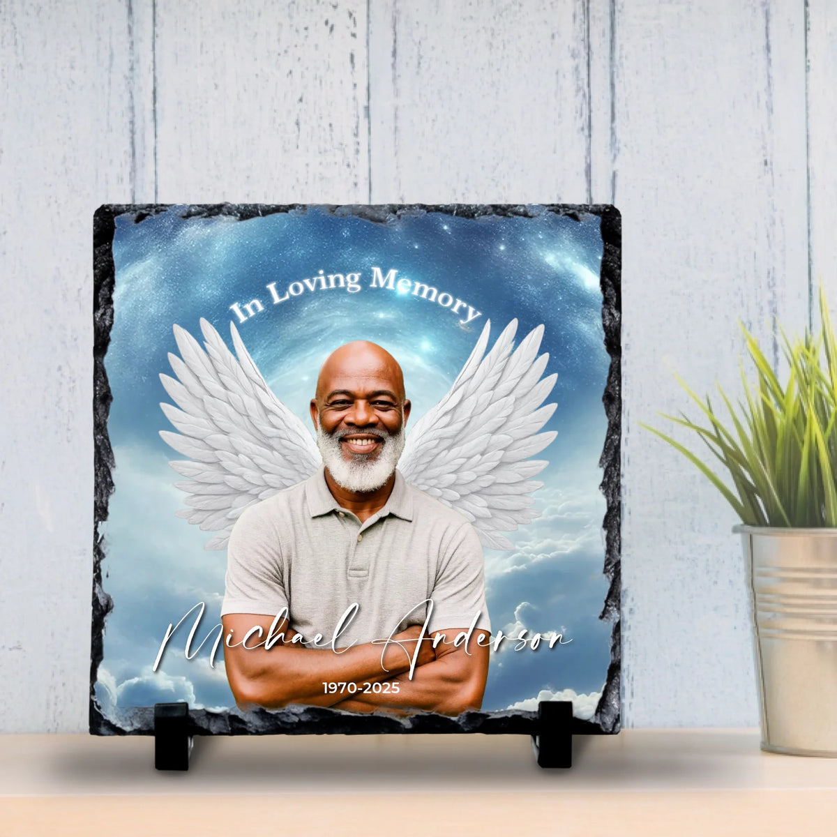 Custom Personalised Memorial Photo Slate Plaque - Angel Wings
