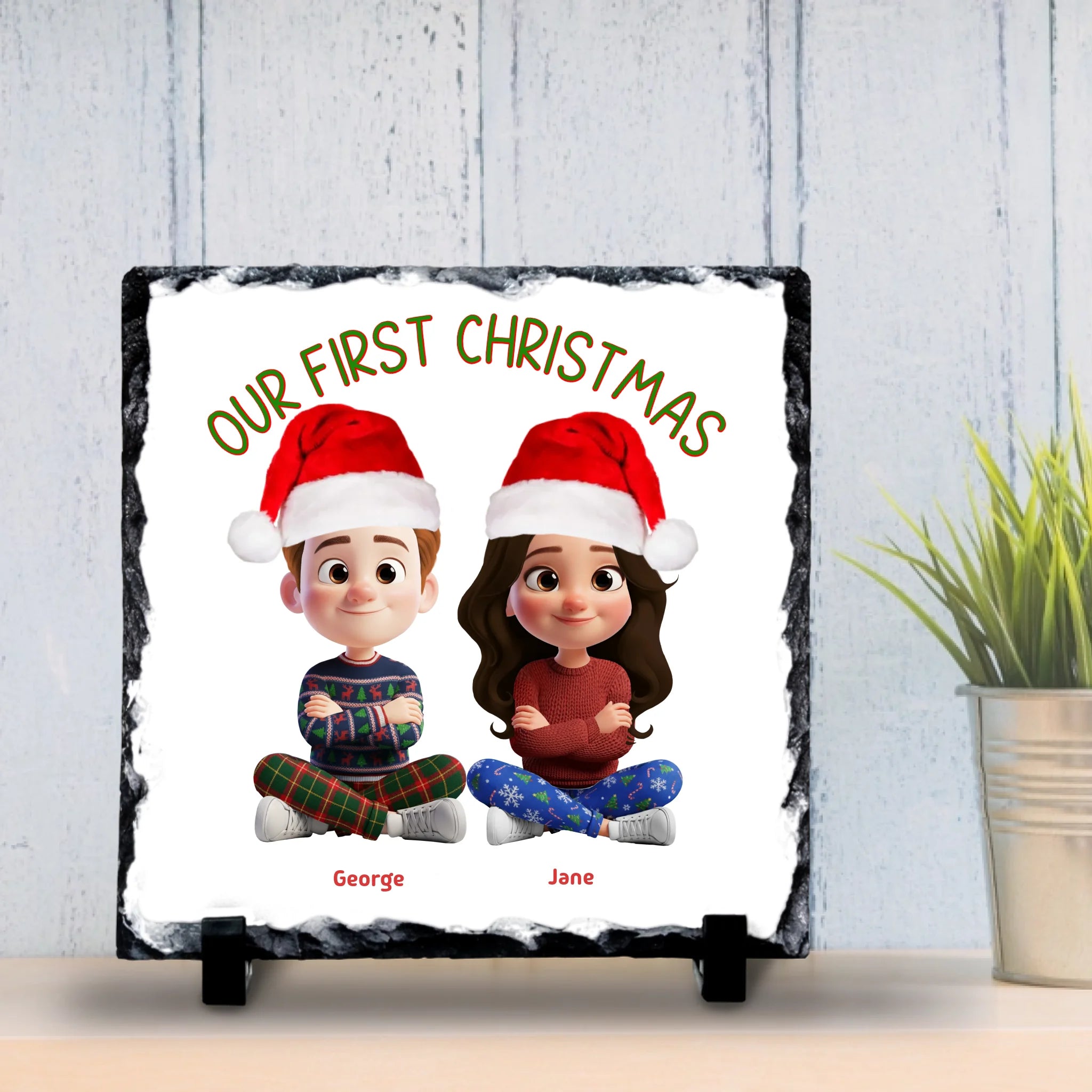 Our First Christmas Personalised Slate | Custom Couple Cartoon Design | Festive Gift Keepsake