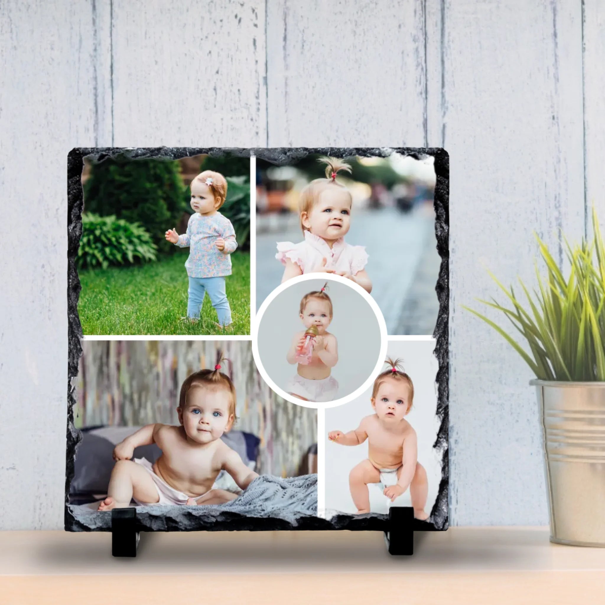 Personalised Collage Photo Slate - Custom 5-Photo Design with Central Circle Image