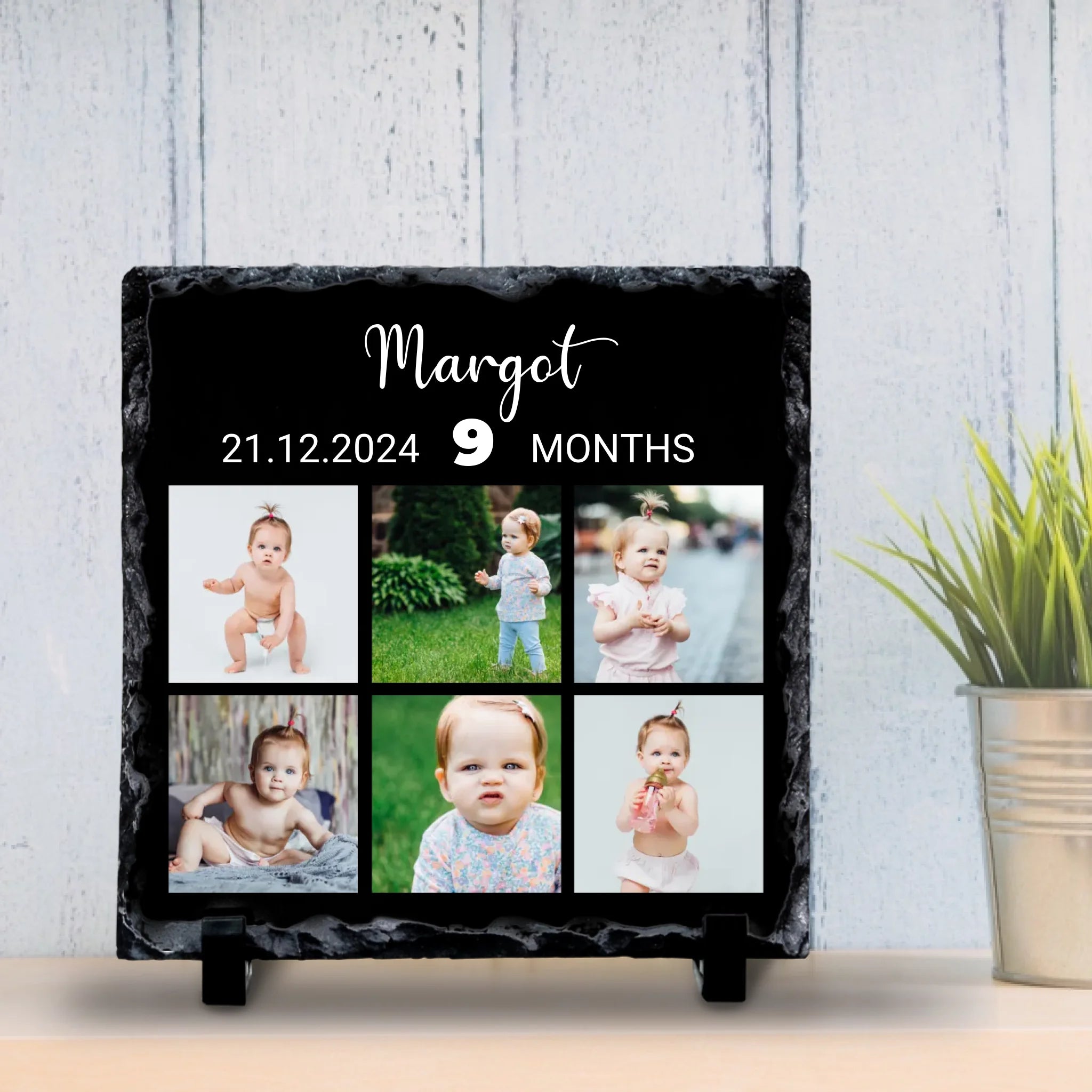 Personalised Milestone Photo Slate - Custom Square Design with 6 Photos, Name, Date & Age