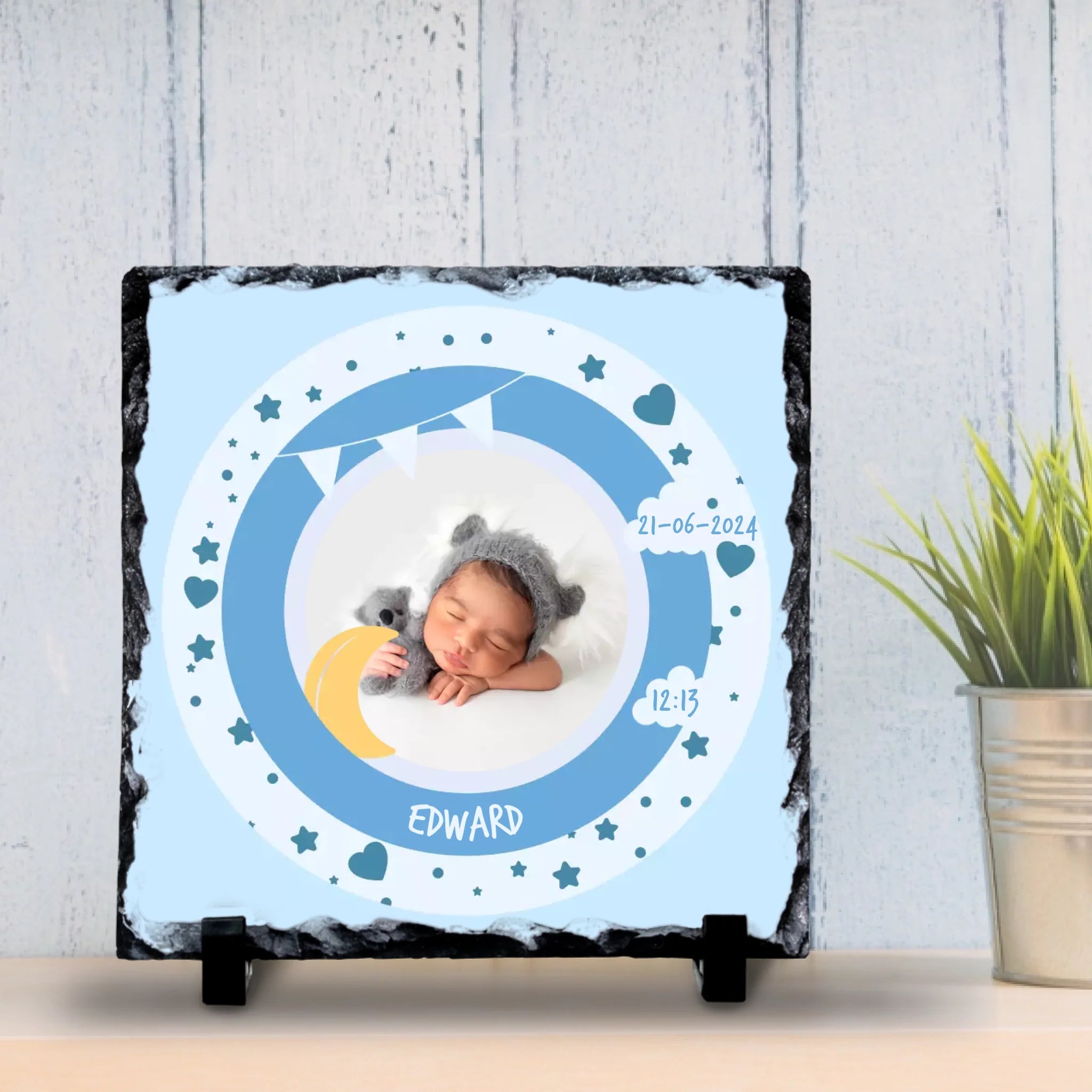 Custom Personalised Birth Announcement Photo Slate - Baby Boy - Blues