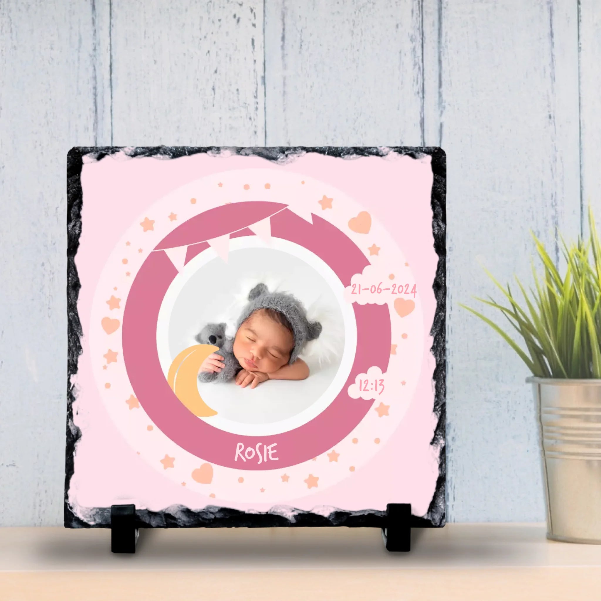 Custom Personalised Birth Announcement Photo Slate - Baby Girl - Pinks