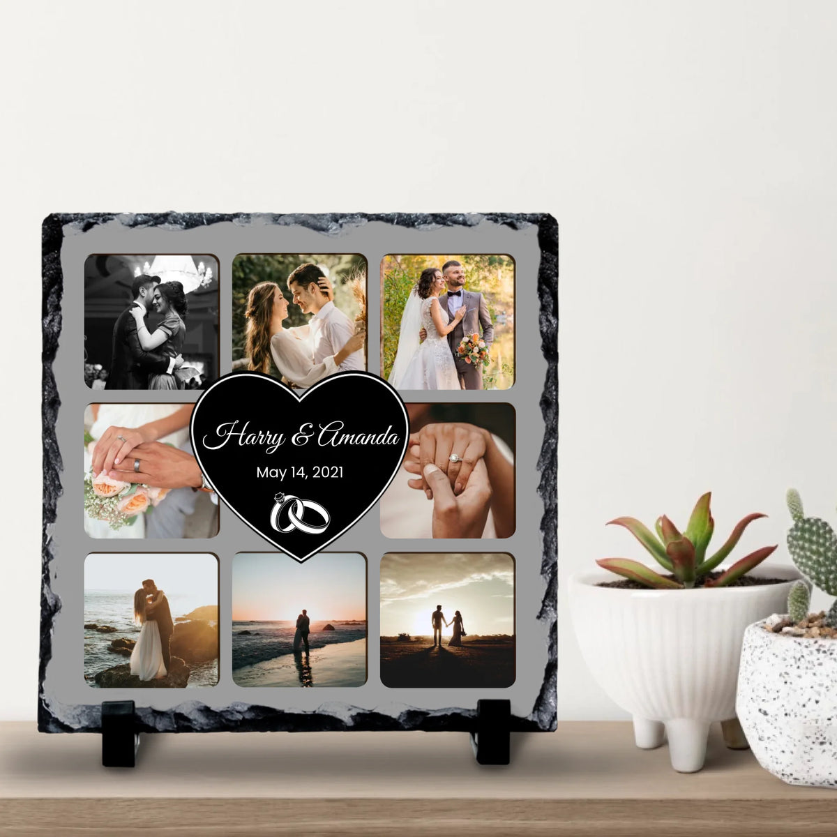 Personalised 9 Photo Collage Slate with Heart Centre – Custom Names & Date – Wedding or Anniversary Keepsake