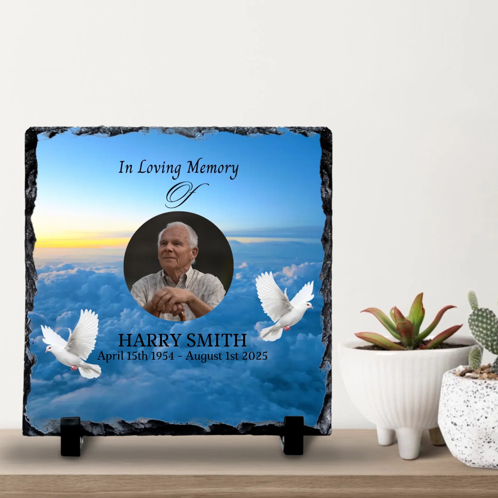 Custom Personalised Memorial Photo Slate Plaque - Clouds & Doves